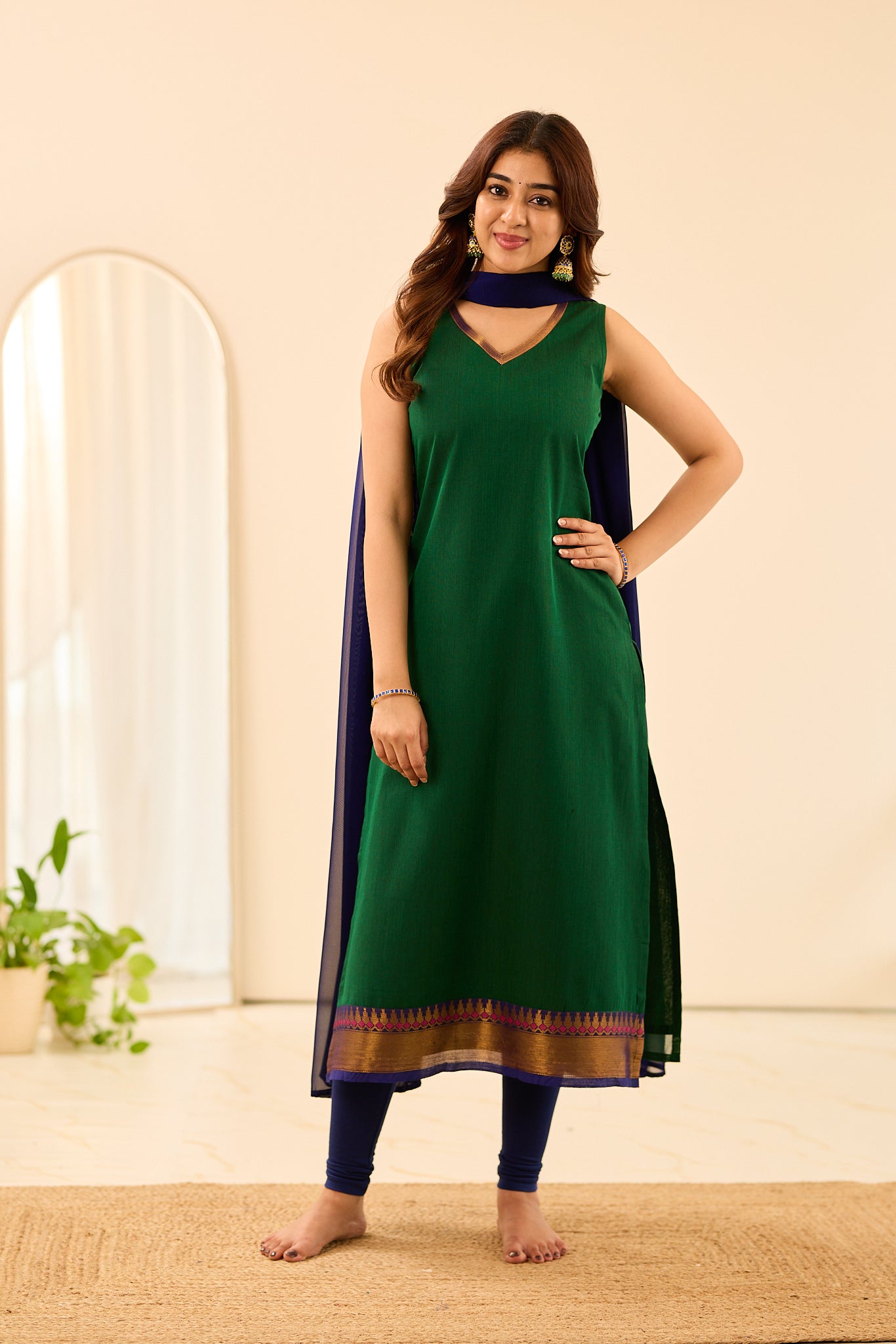 Dark Green with Blue Border Sleeveless Chettinad Cotton Salwar