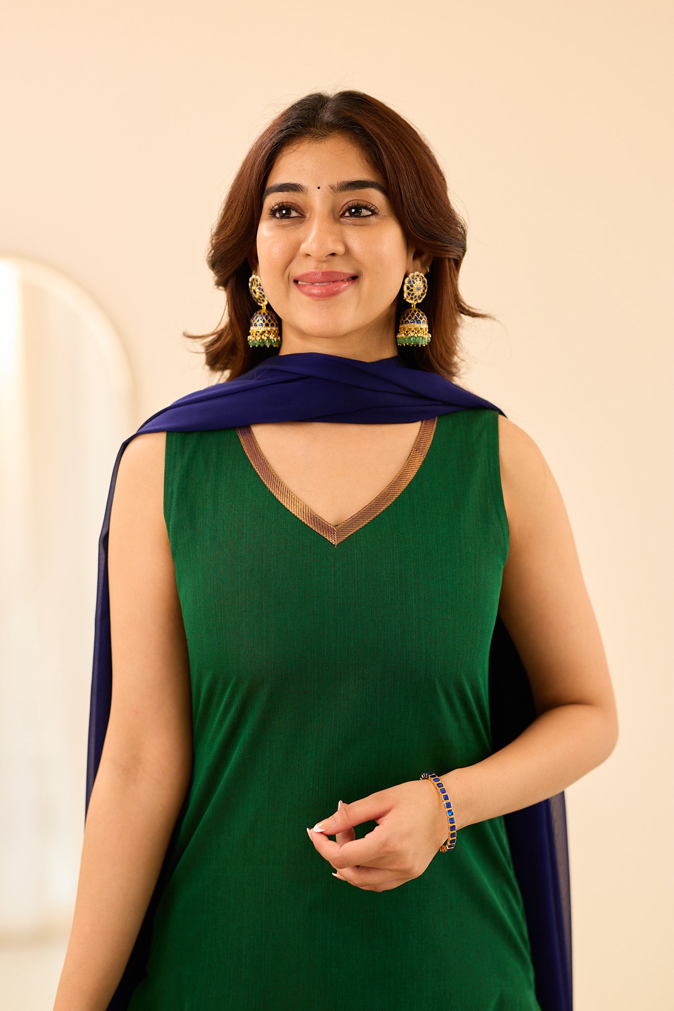 Dark Green with Blue Border Sleeveless Chettinad Cotton Salwar