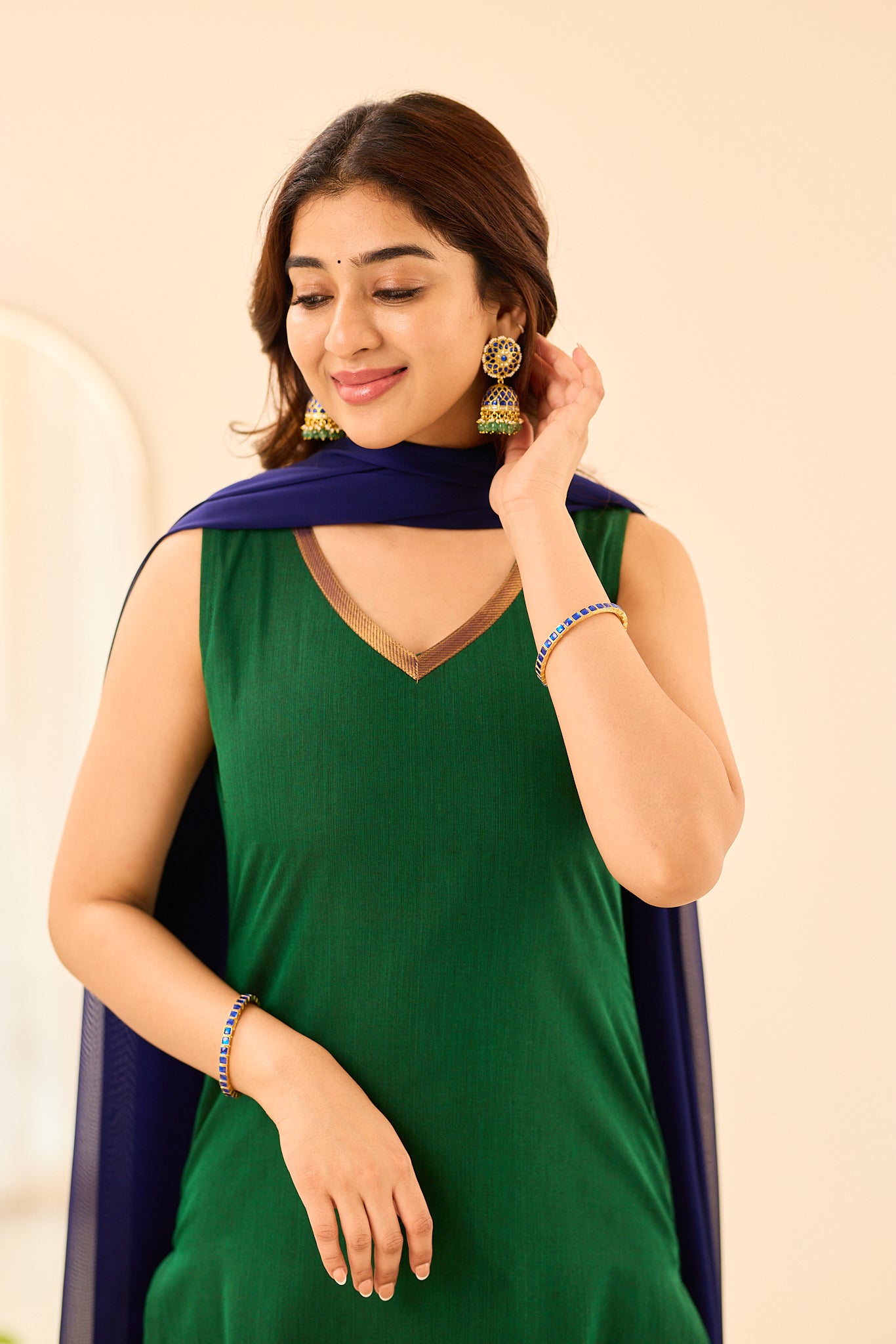 Dark Green with Blue Border Sleeveless Chettinad Cotton Salwar