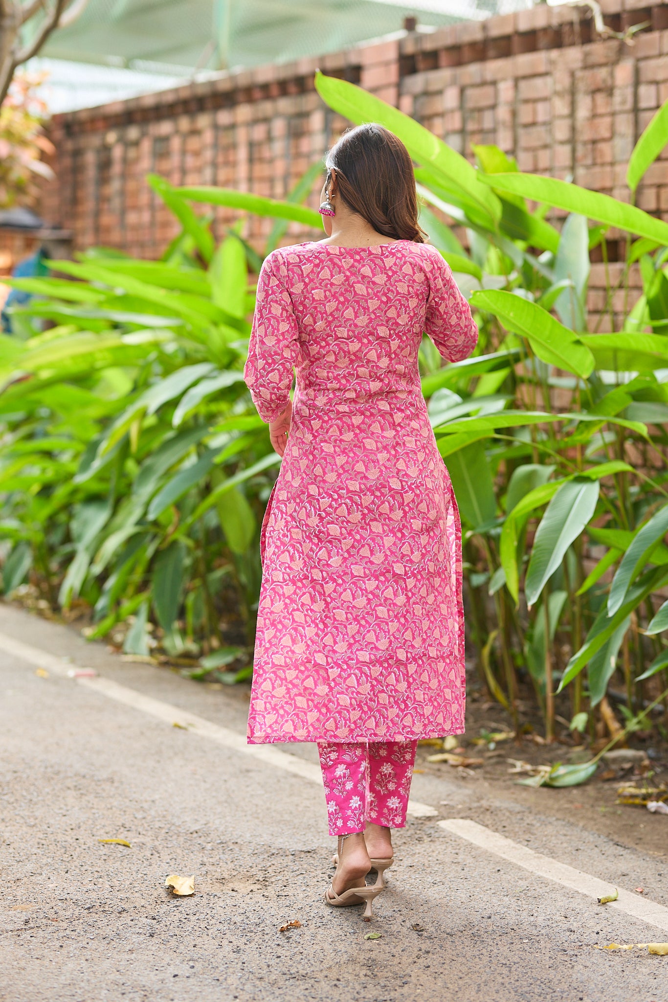 Dark Pink with Peach Floral Block Print Cotton Salwar with Kota Dupatta