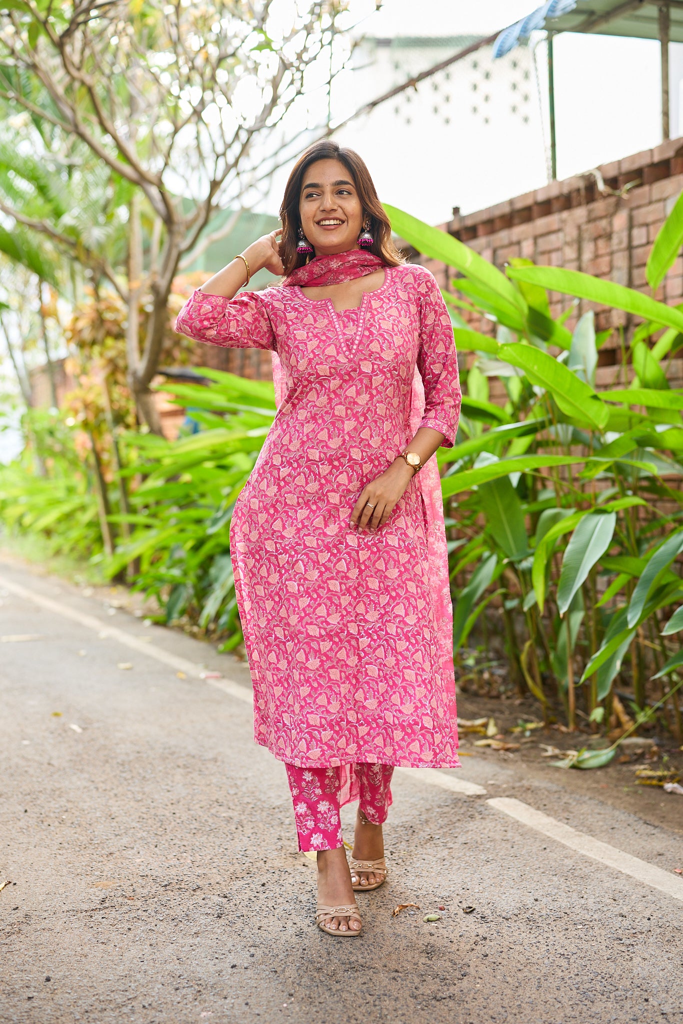 Dark Pink with Peach Floral Block Print Cotton Salwar with Kota Dupatta