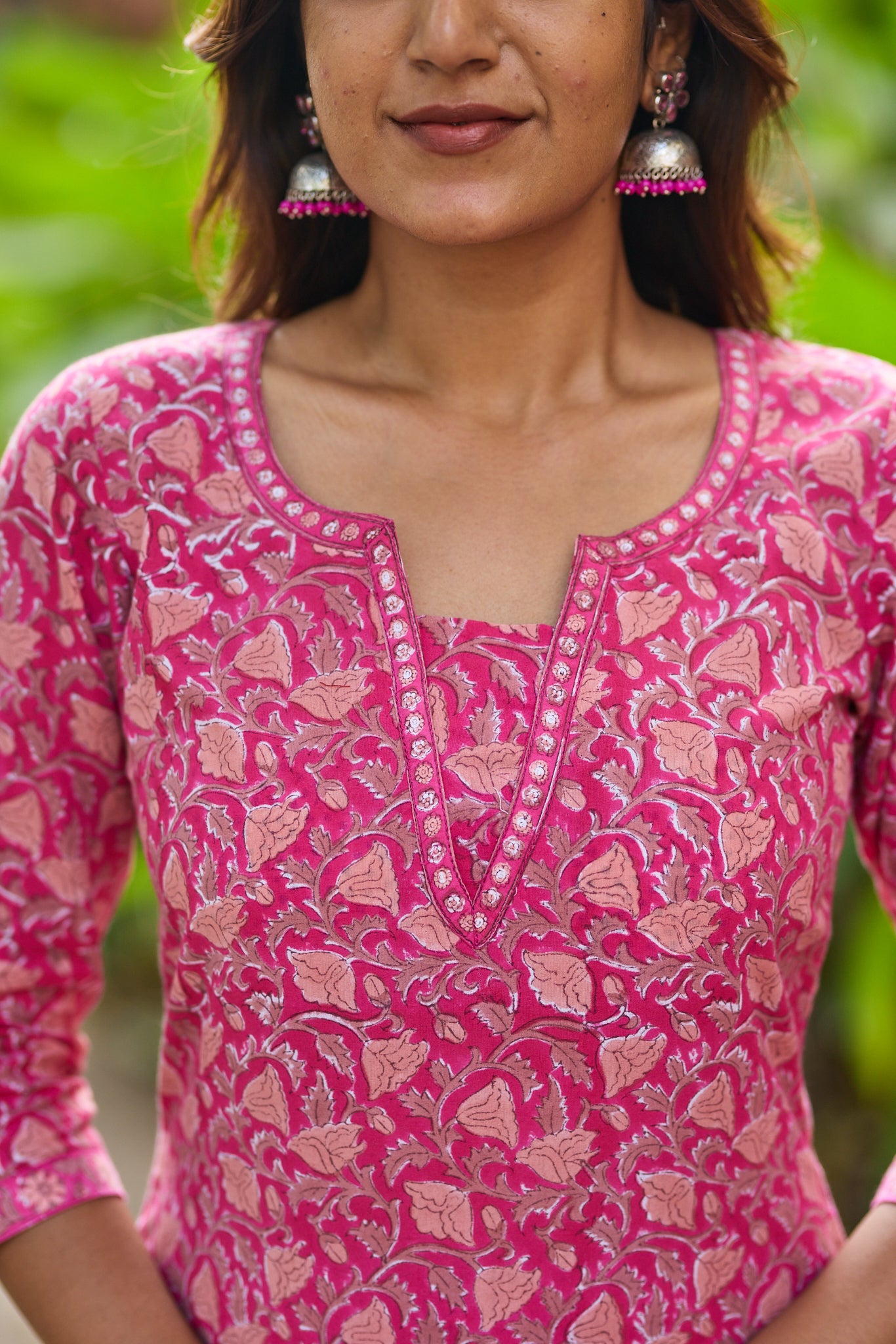Dark Pink with Peach Floral Block Print Cotton Salwar with Kota Dupatta
