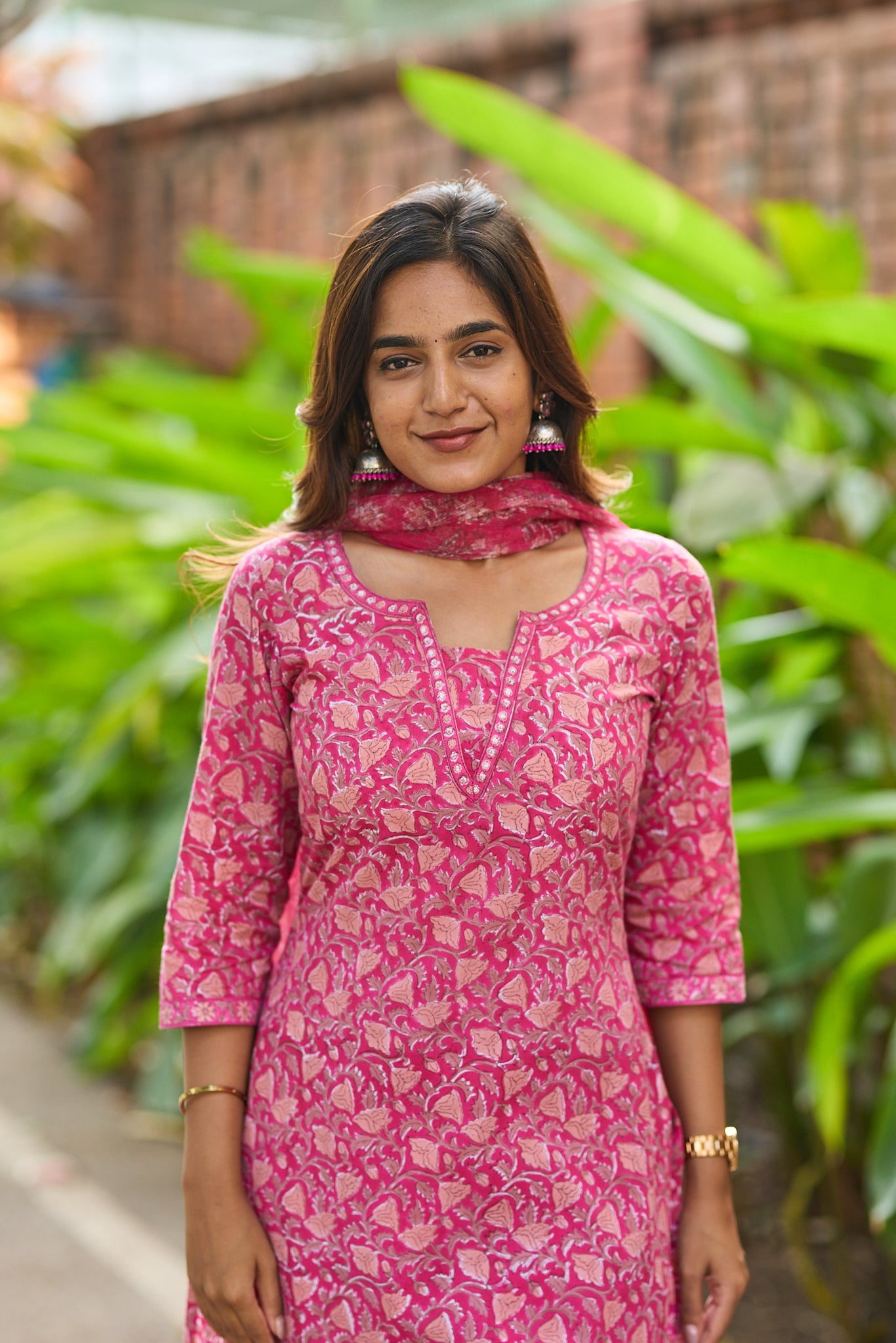 Dark Pink with Peach Floral Block Print Cotton Salwar with Kota Dupatta