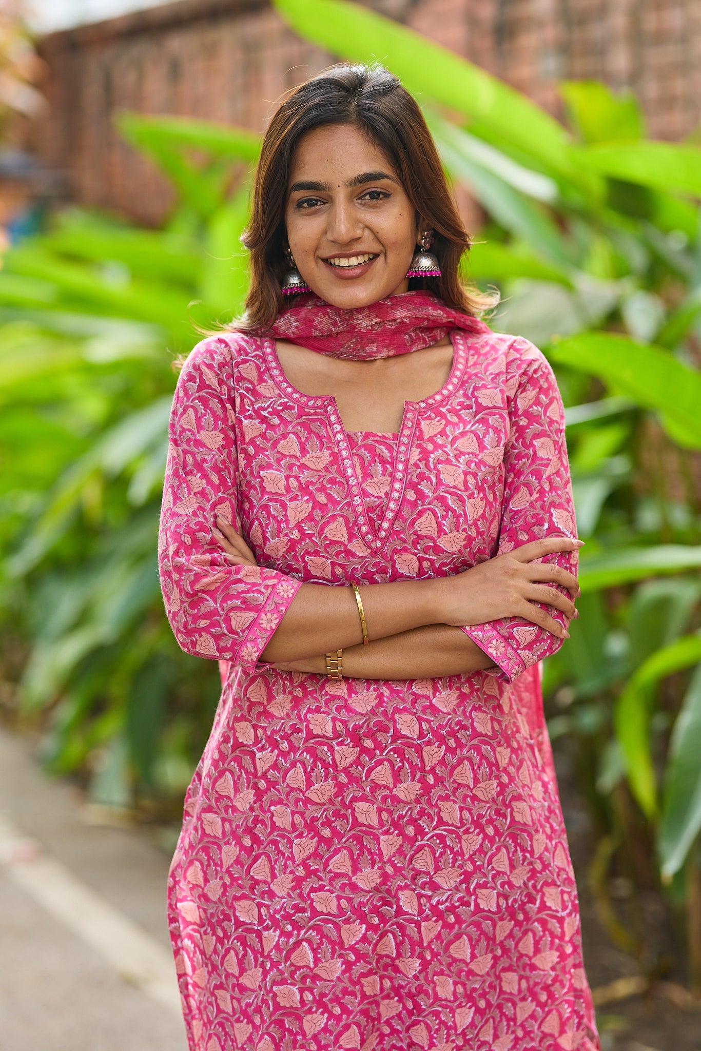 Dark Pink with Peach Floral Block Print Cotton Salwar with Kota Dupatta