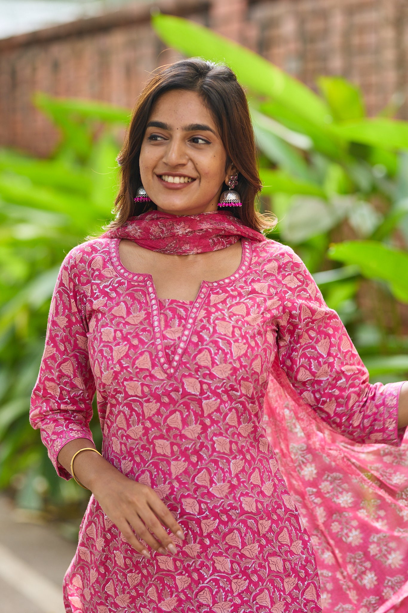 Dark Pink with Peach Floral Block Print Cotton Salwar with Kota Dupatta