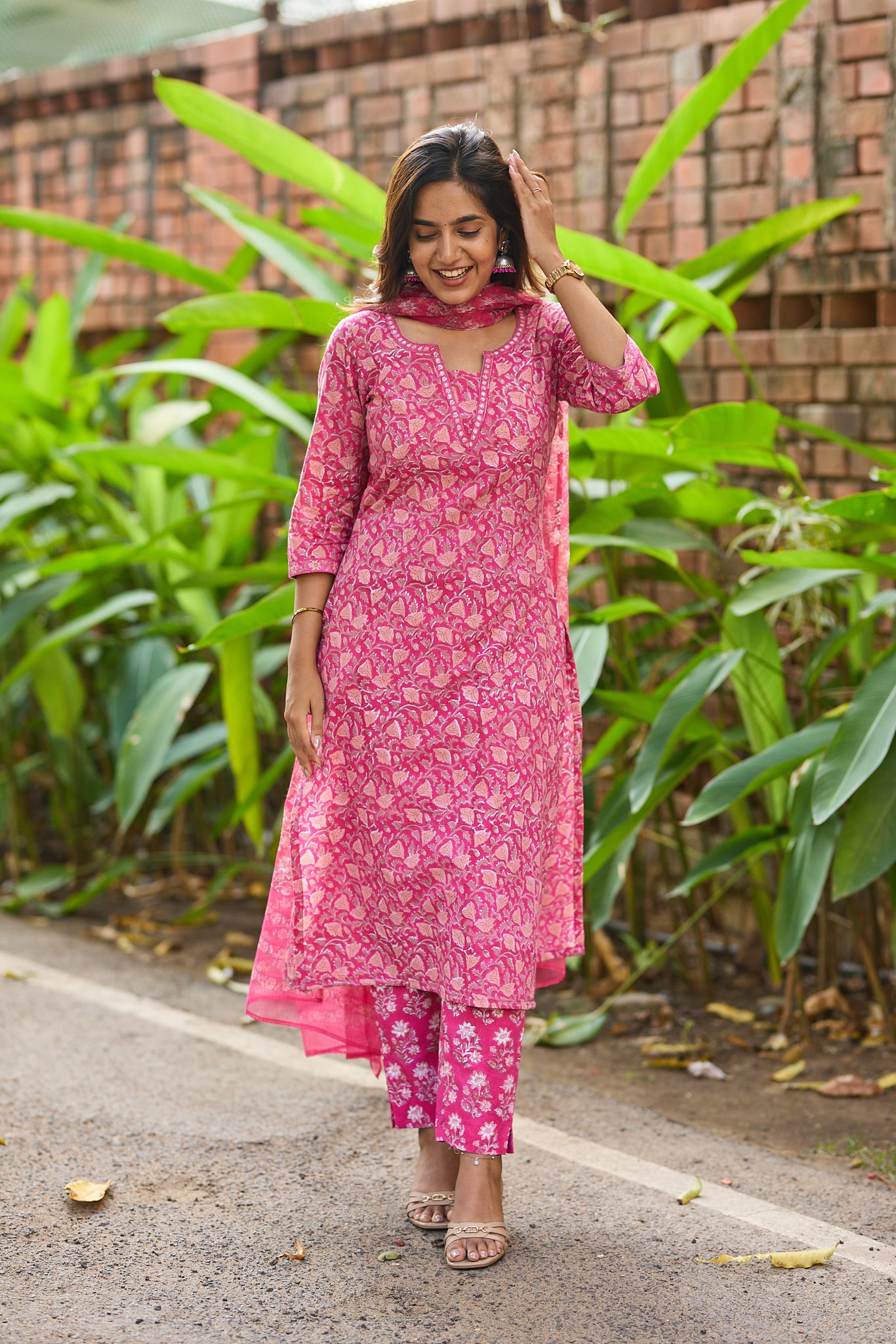 Dark Pink with Peach Floral Block Print Cotton Salwar with Kota Dupatta