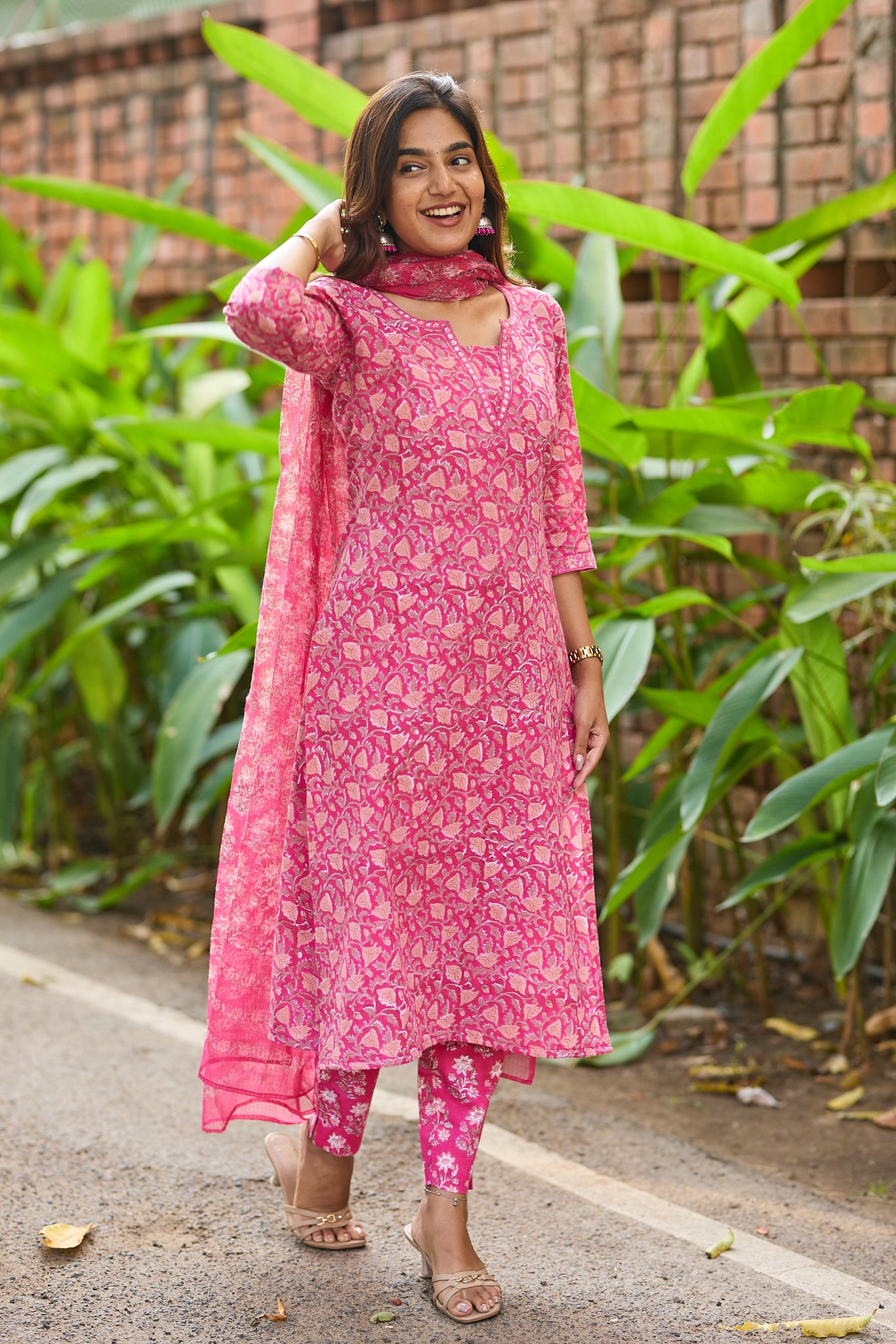 Dark Pink with Peach Floral Block Print Cotton Salwar with Kota Dupatta
