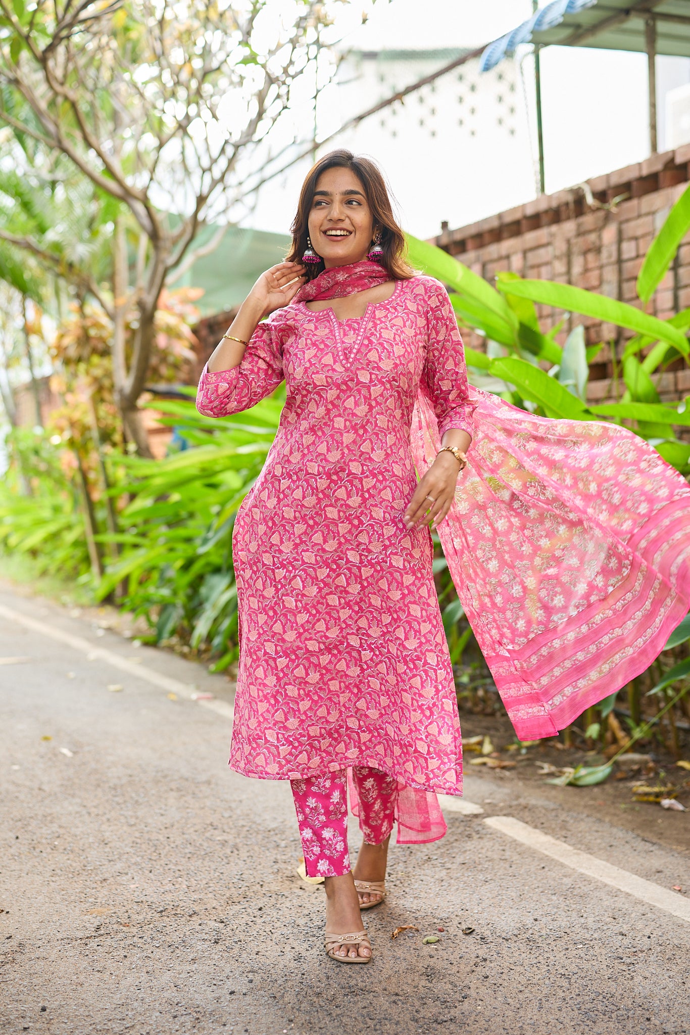 Dark Pink with Peach Floral Block Print Cotton Salwar with Kota Dupatta