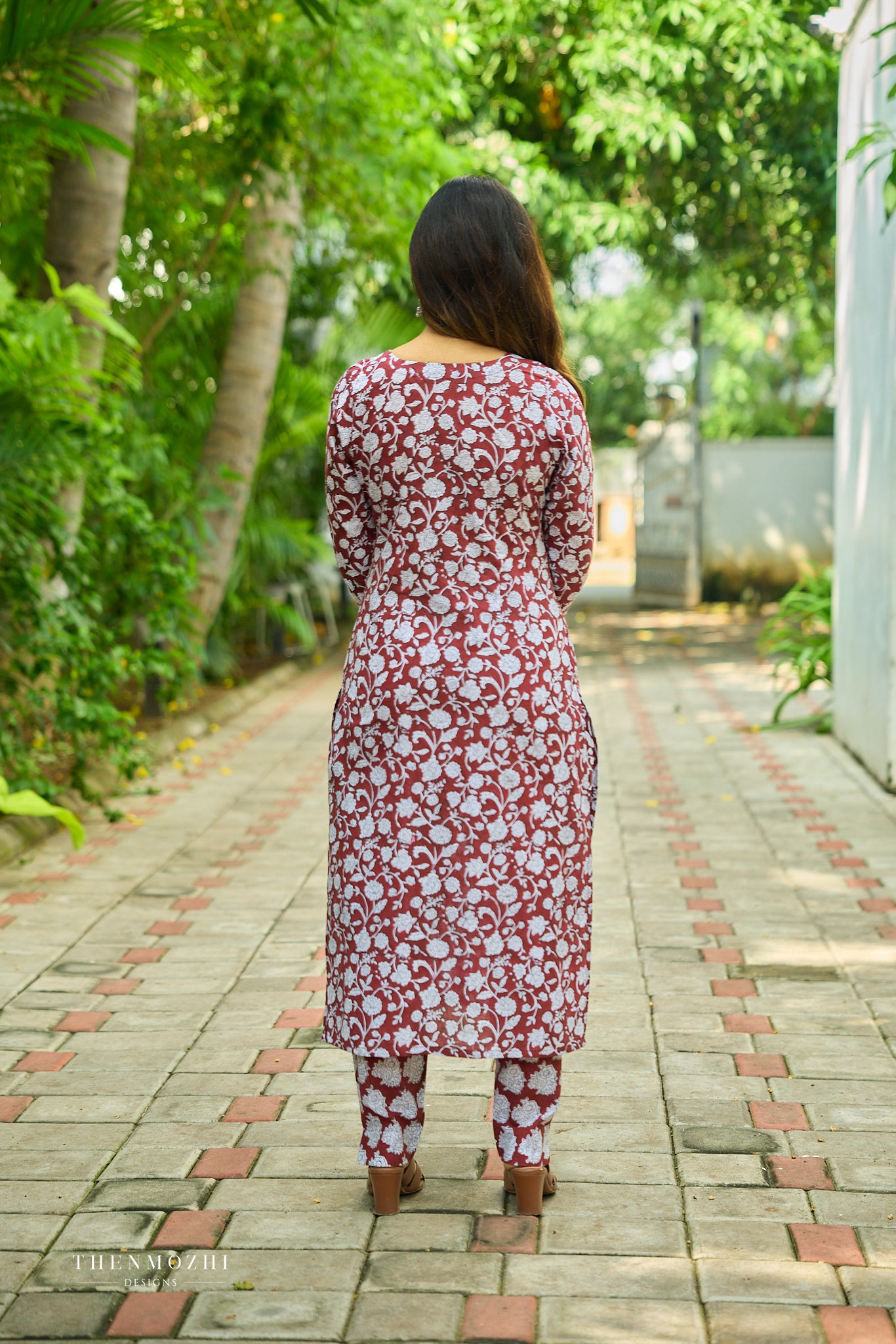 Dark maroon Floral Block Printed Cotton Suit Set with Kota Dupatta