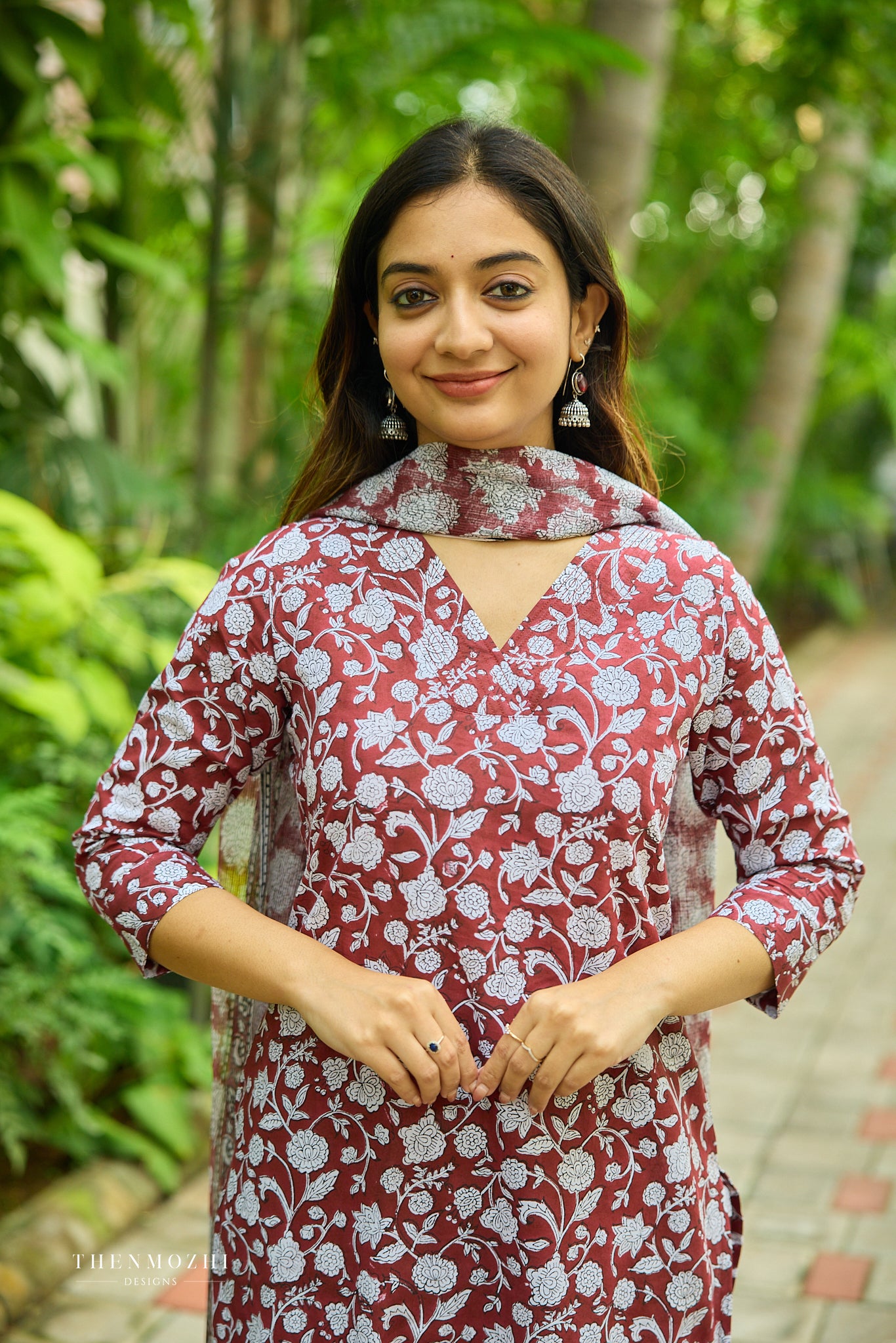 Dark maroon Floral Block Printed Cotton Suit Set with Kota Dupatta