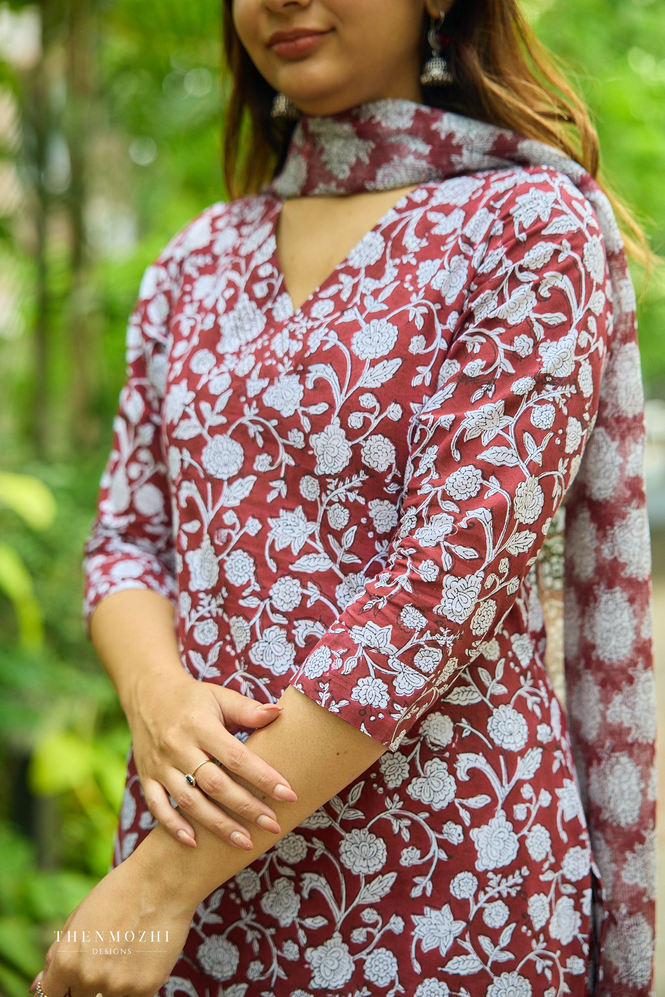 Dark maroon Floral Block Printed Cotton Suit Set with Kota Dupatta