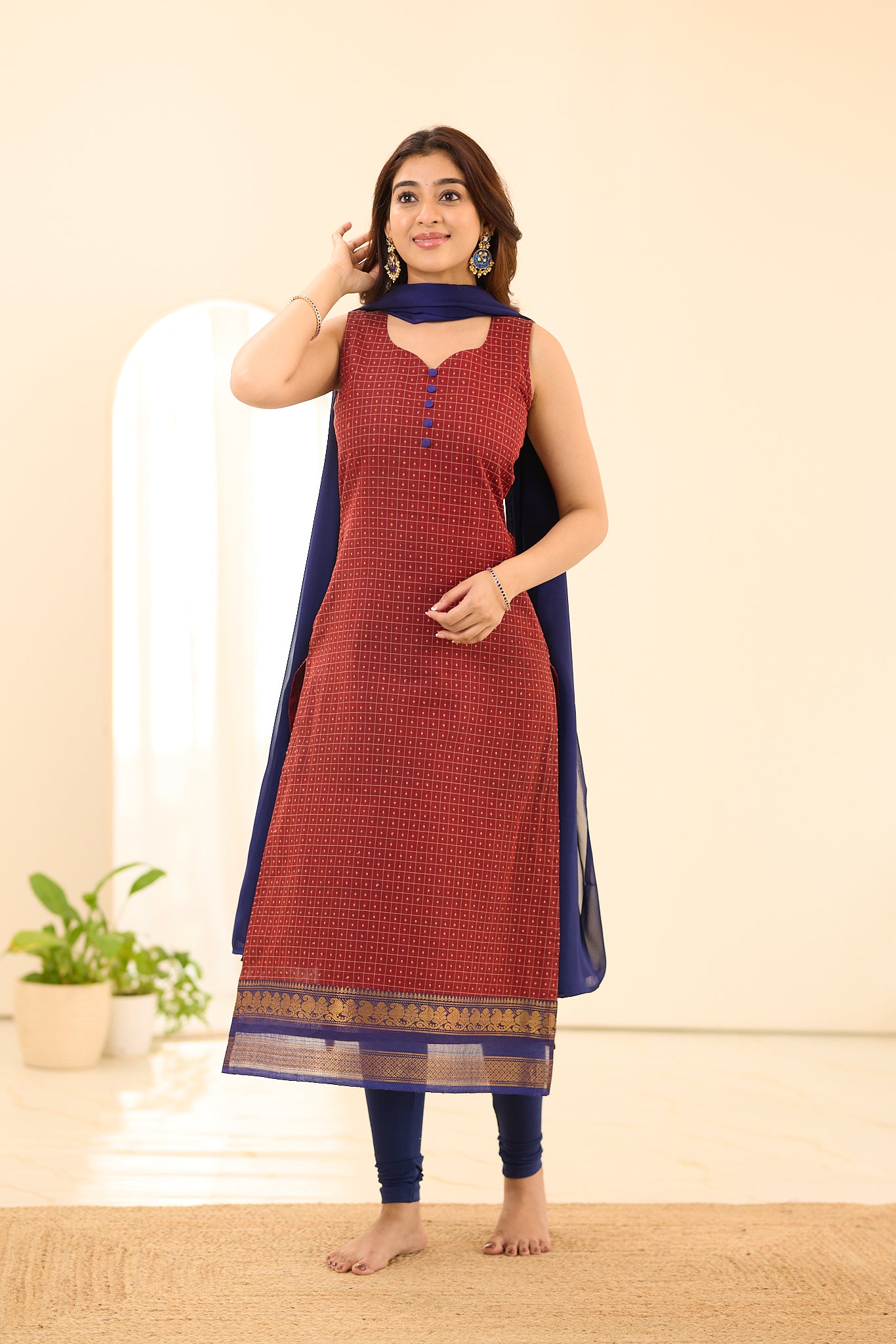 Dark Rust Maroon with Blue Border Chettinad Cotton Salwar