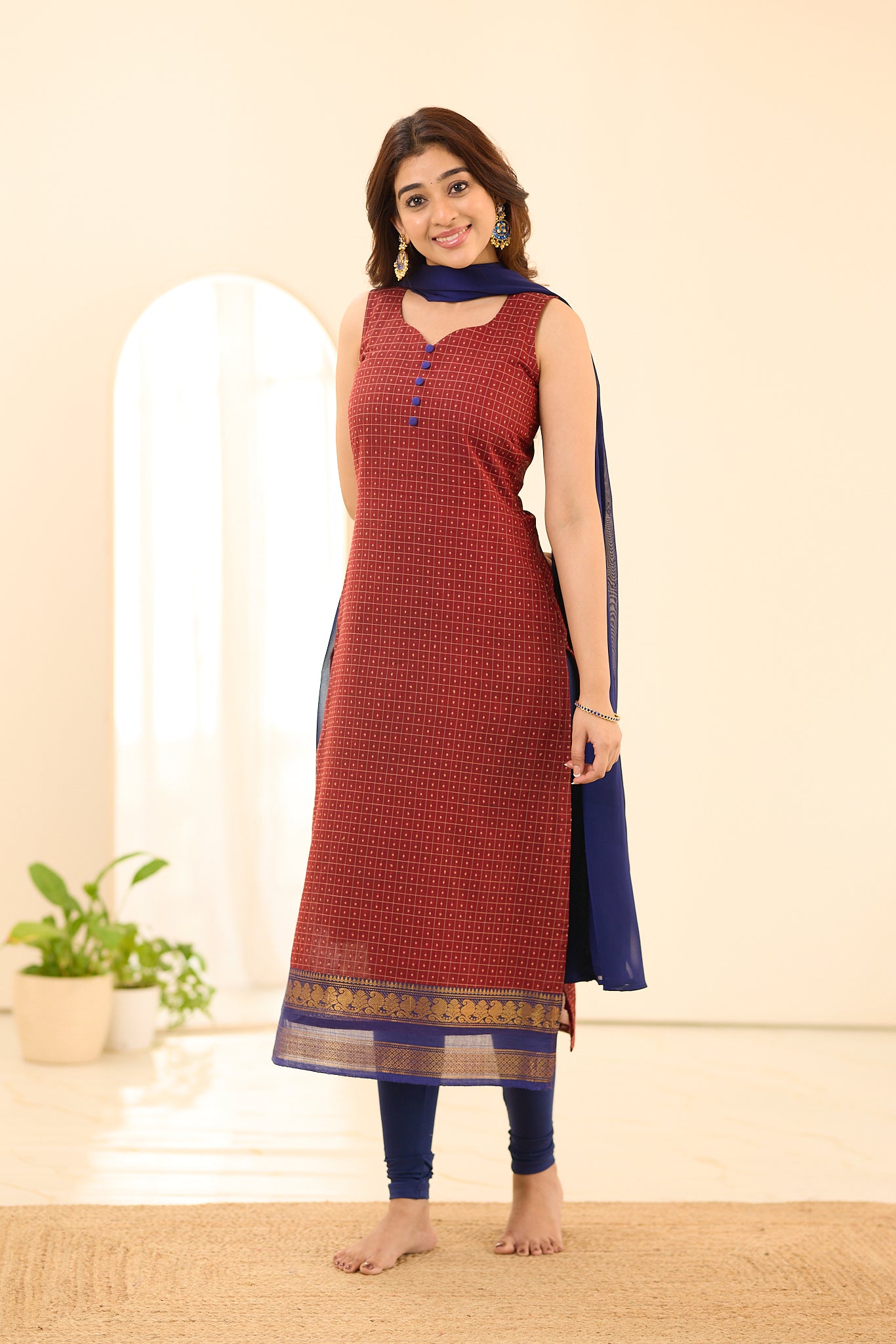 Dark Rust Maroon with Blue Border Chettinad Cotton Salwar