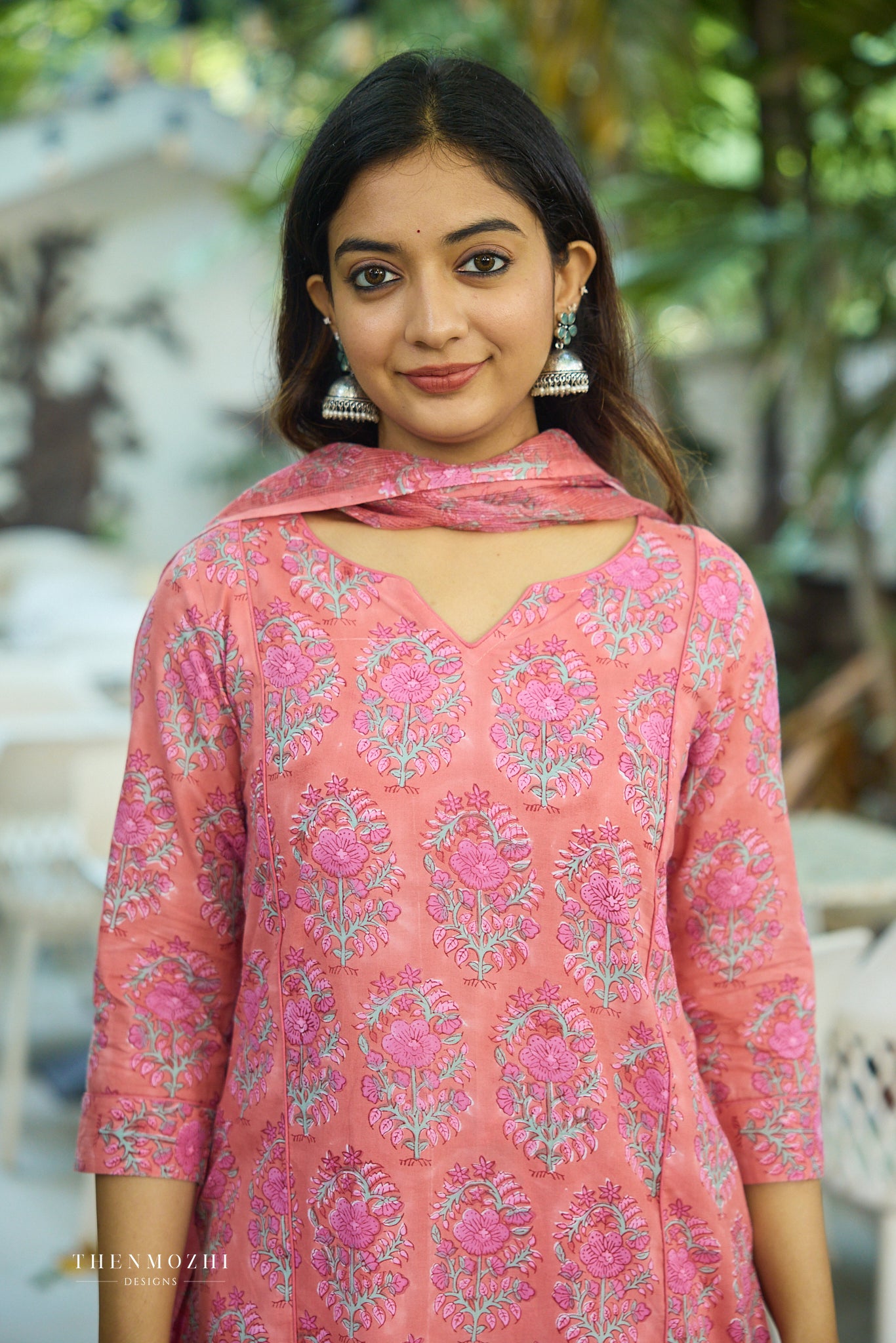 Dark peach Floral Block Printed Cotton Suit Set with Kota Dupatta