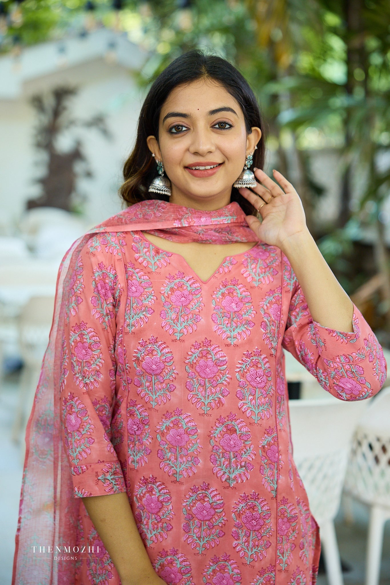 Dark peach Floral Block Printed Cotton Suit Set with Kota Dupatta