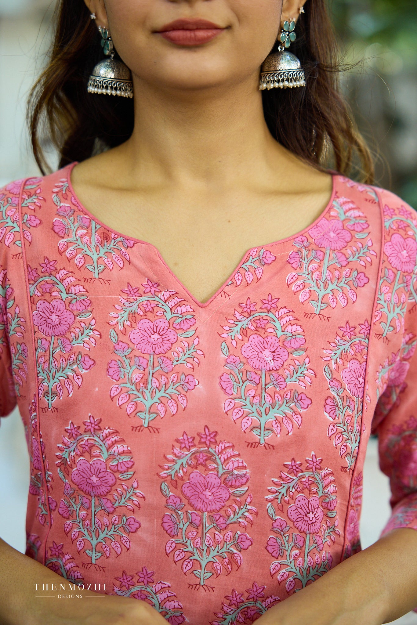 Dark peach Floral Block Printed Cotton Suit Set with Kota Dupatta