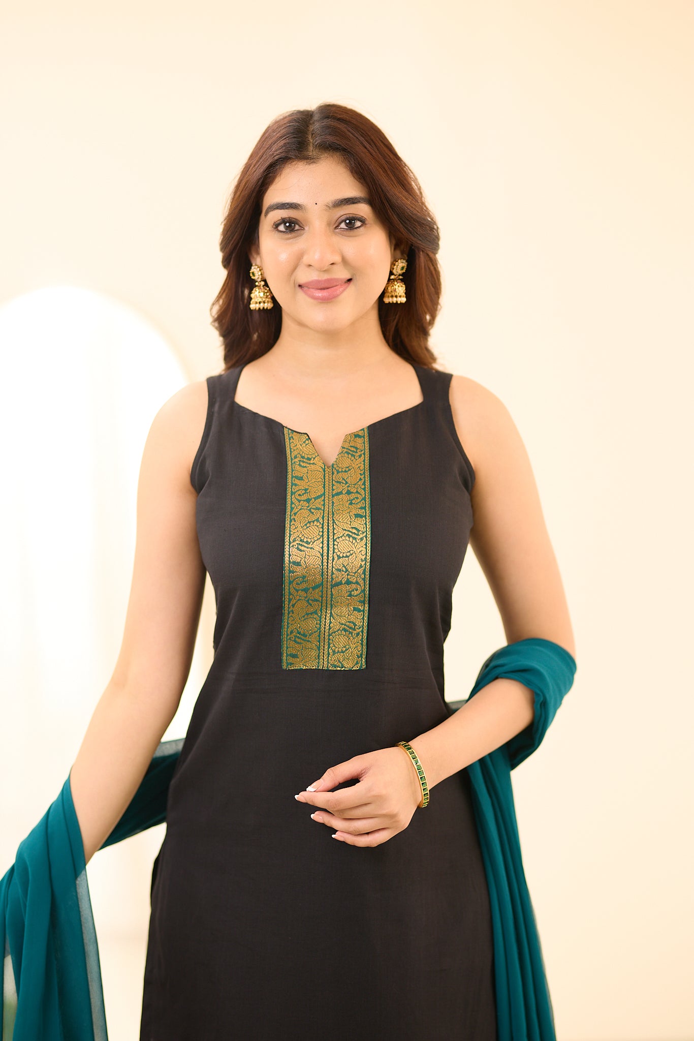 green emerald velvet dress Hand Block Print Cotton Suits With Kota Doria Dupatta