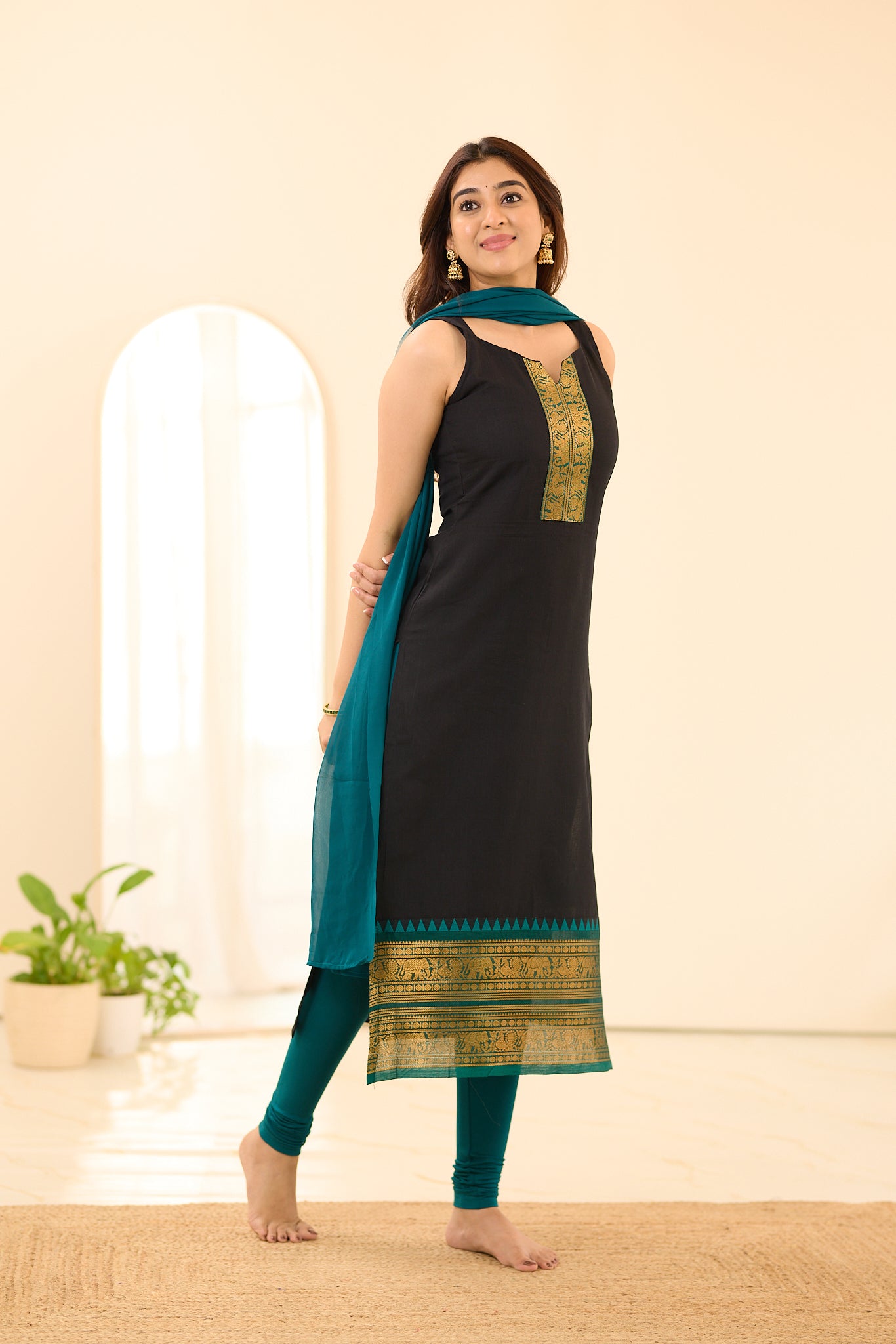 Deep Black with Emerald Green Border Chettinad Cotton Salwar