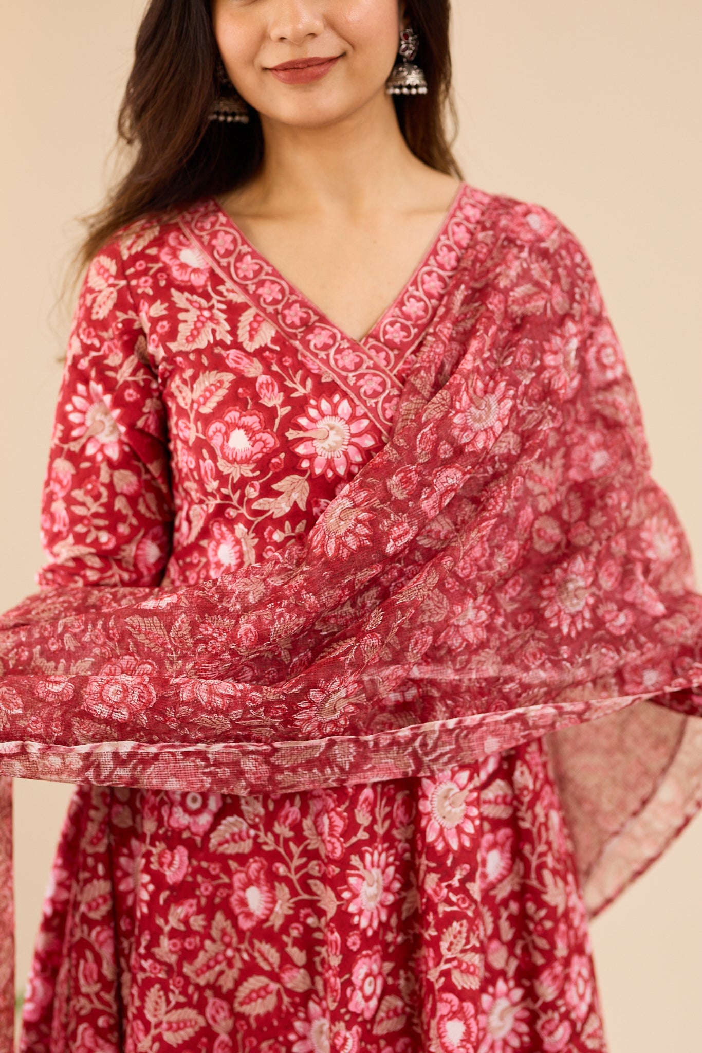 Deep Crimson Red Floral Anarkali Salwar Suit- Set with Kota Dupatta