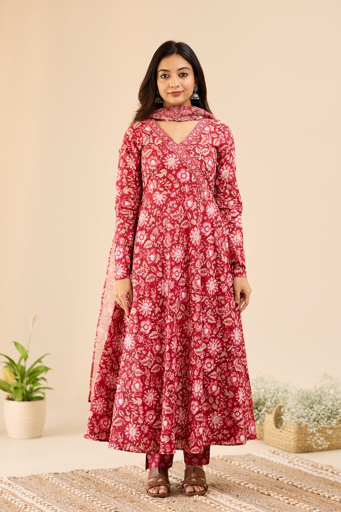 Deep Crimson Red Floral Anarkali Salwar Suit- Set with Kota Dupatta