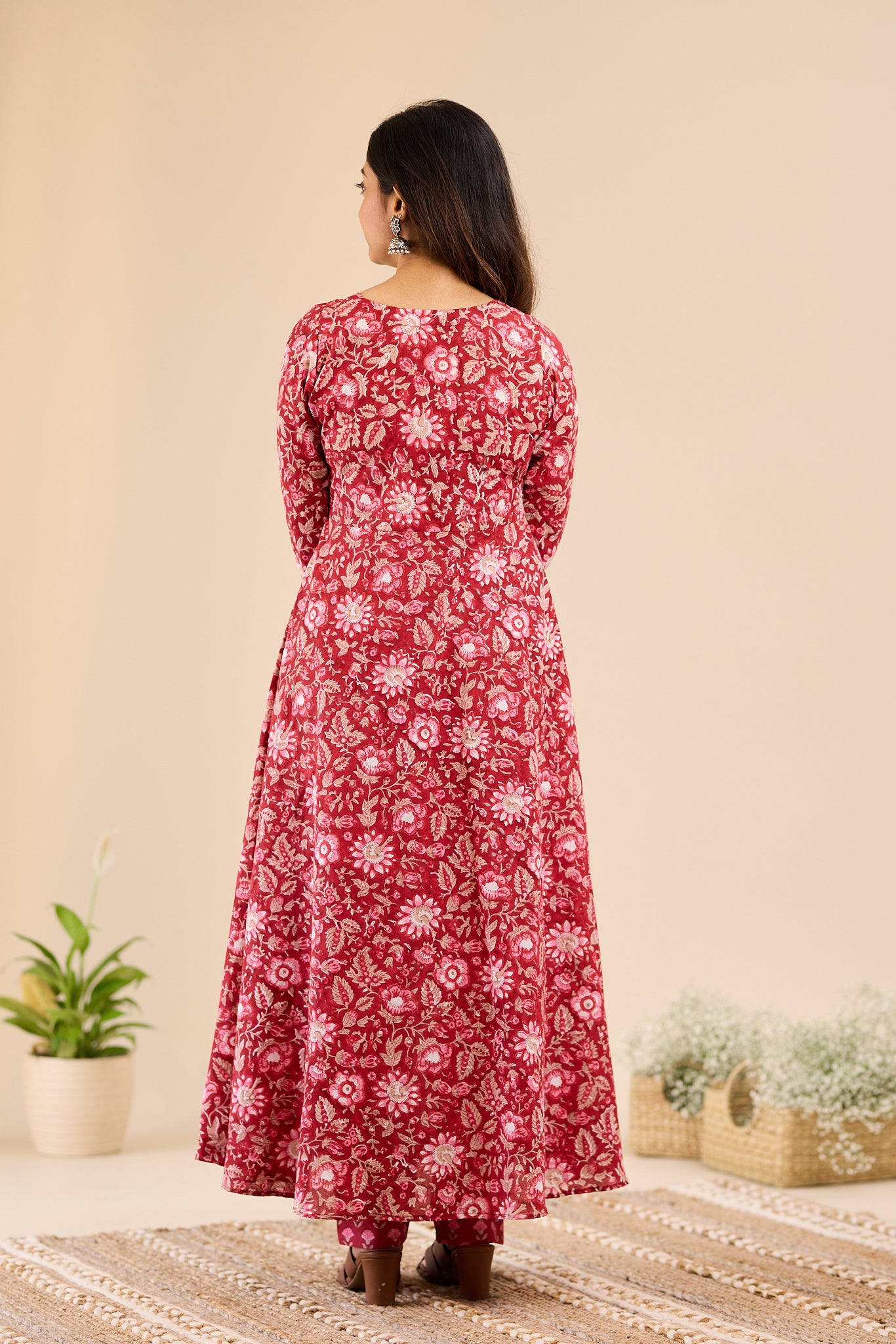 Deep Crimson Red Floral Anarkali Salwar Suit- Set with Kota Dupatta