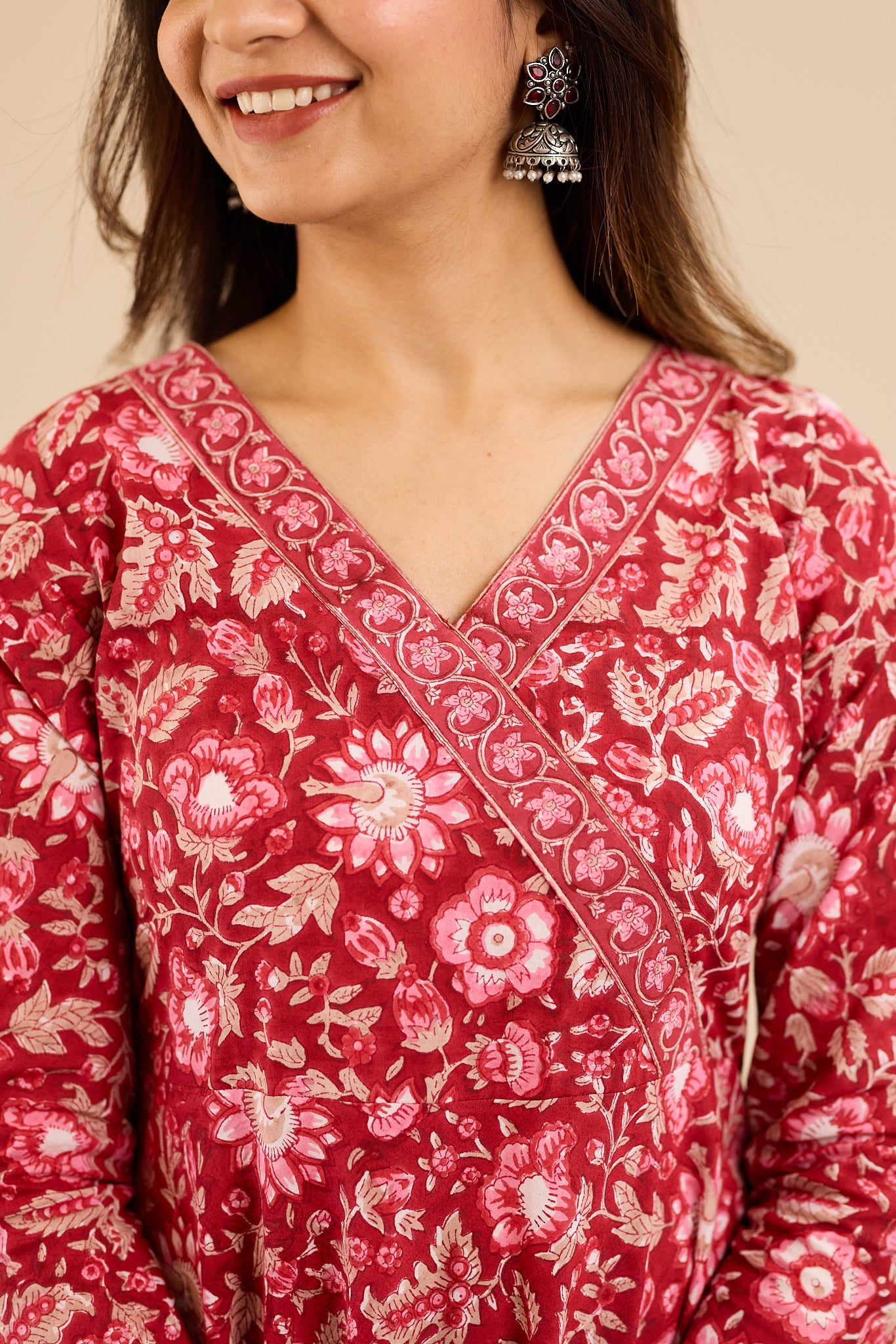 Deep Crimson Red Floral Anarkali Salwar Suit- Set with Kota Dupatta