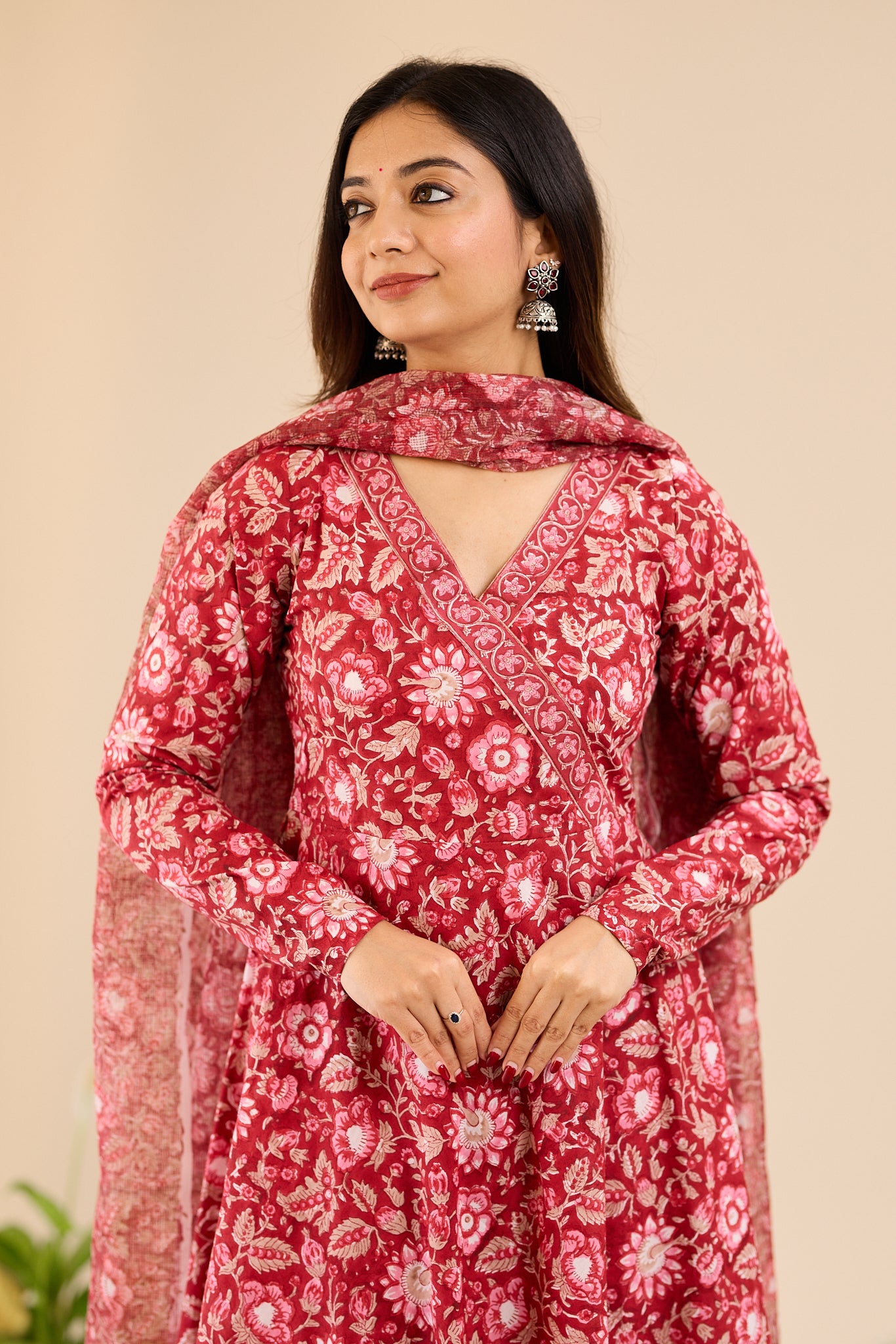 Deep Crimson Red Floral Anarkali Salwar Suit- Set with Kota Dupatta