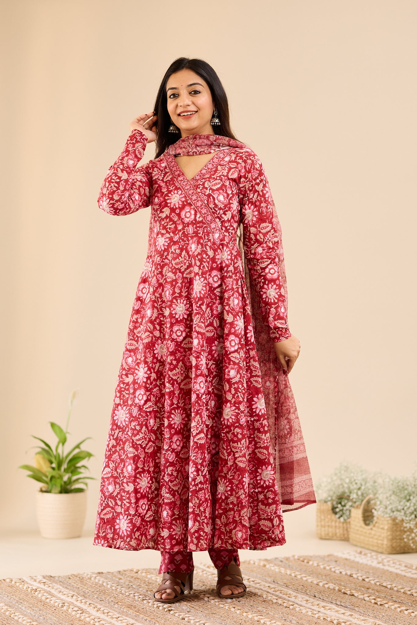 Deep Crimson Red Floral Anarkali Salwar Suit- Set with Kota Dupatta