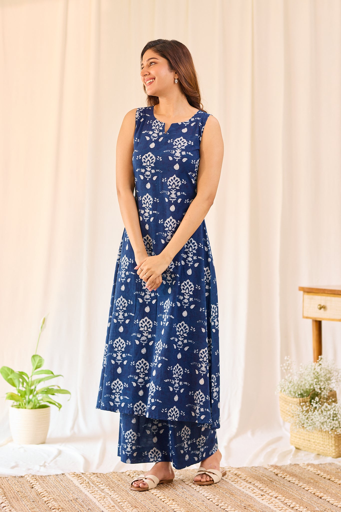 Deep Indigo Blue Floral  Hand-block Printed Sleevless Co-ord Set