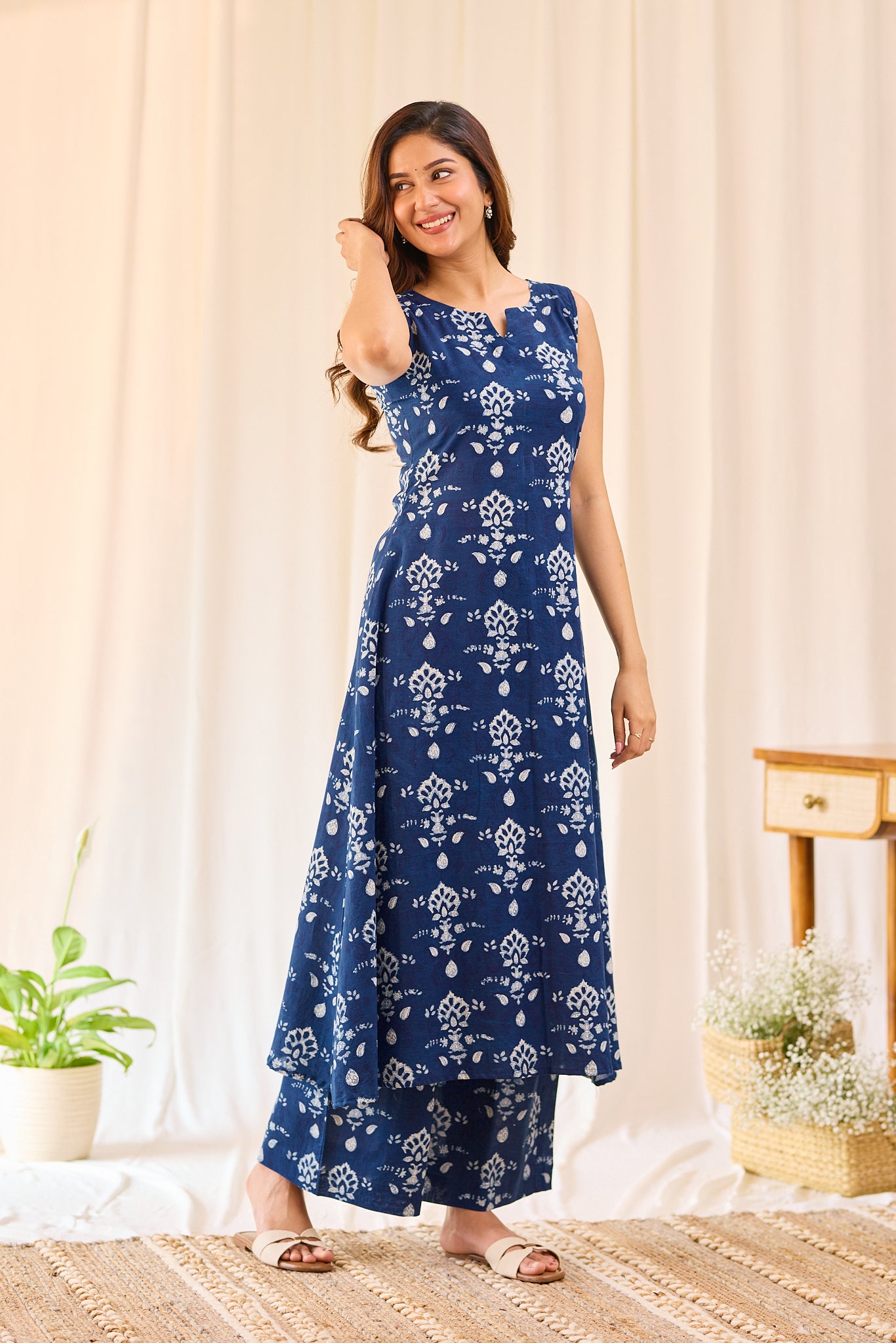 Deep Indigo Blue Floral  Hand-block Printed Sleevless Co-ord Set