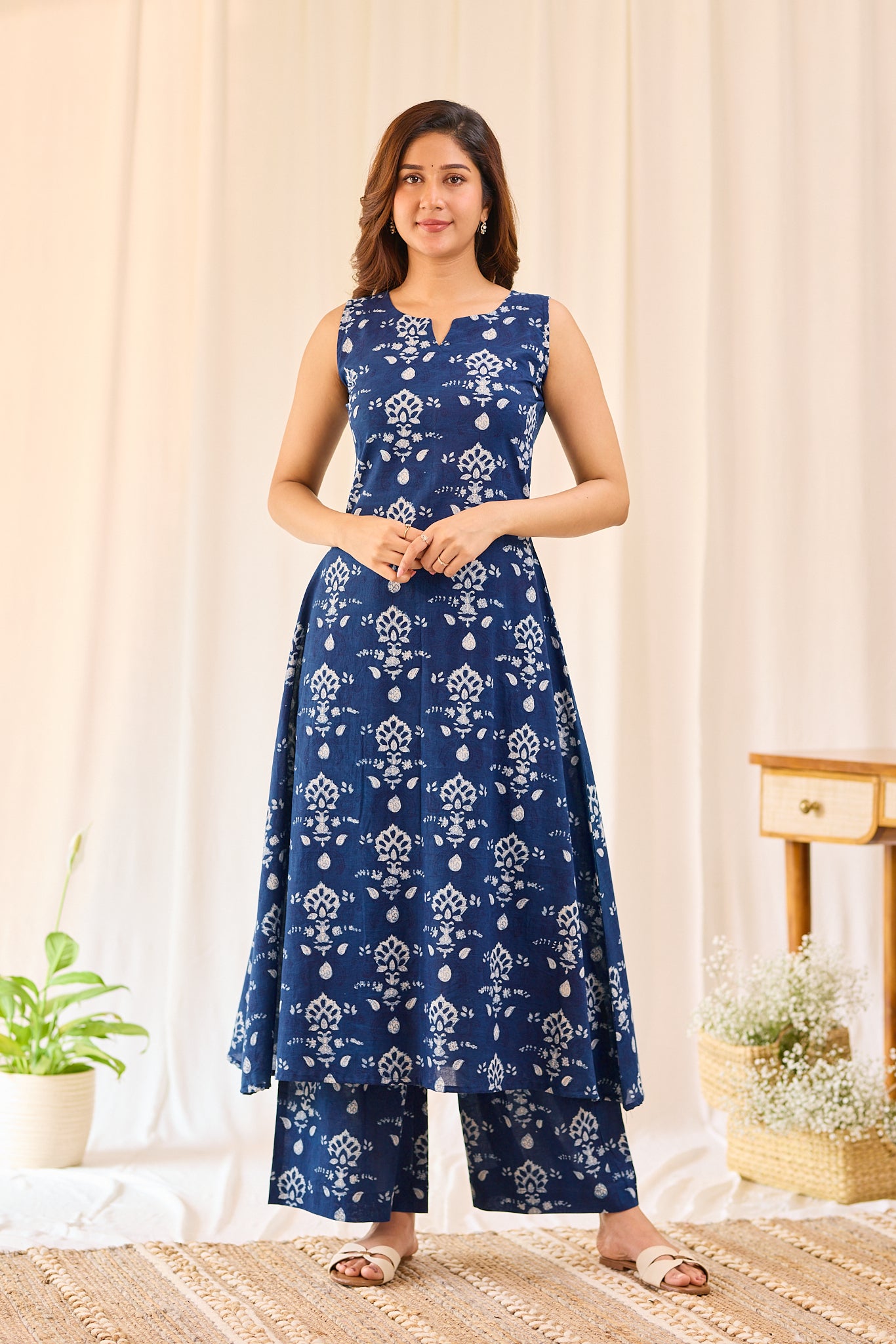 Deep Indigo Blue Floral  Hand-block Printed Sleevless Co-ord Set