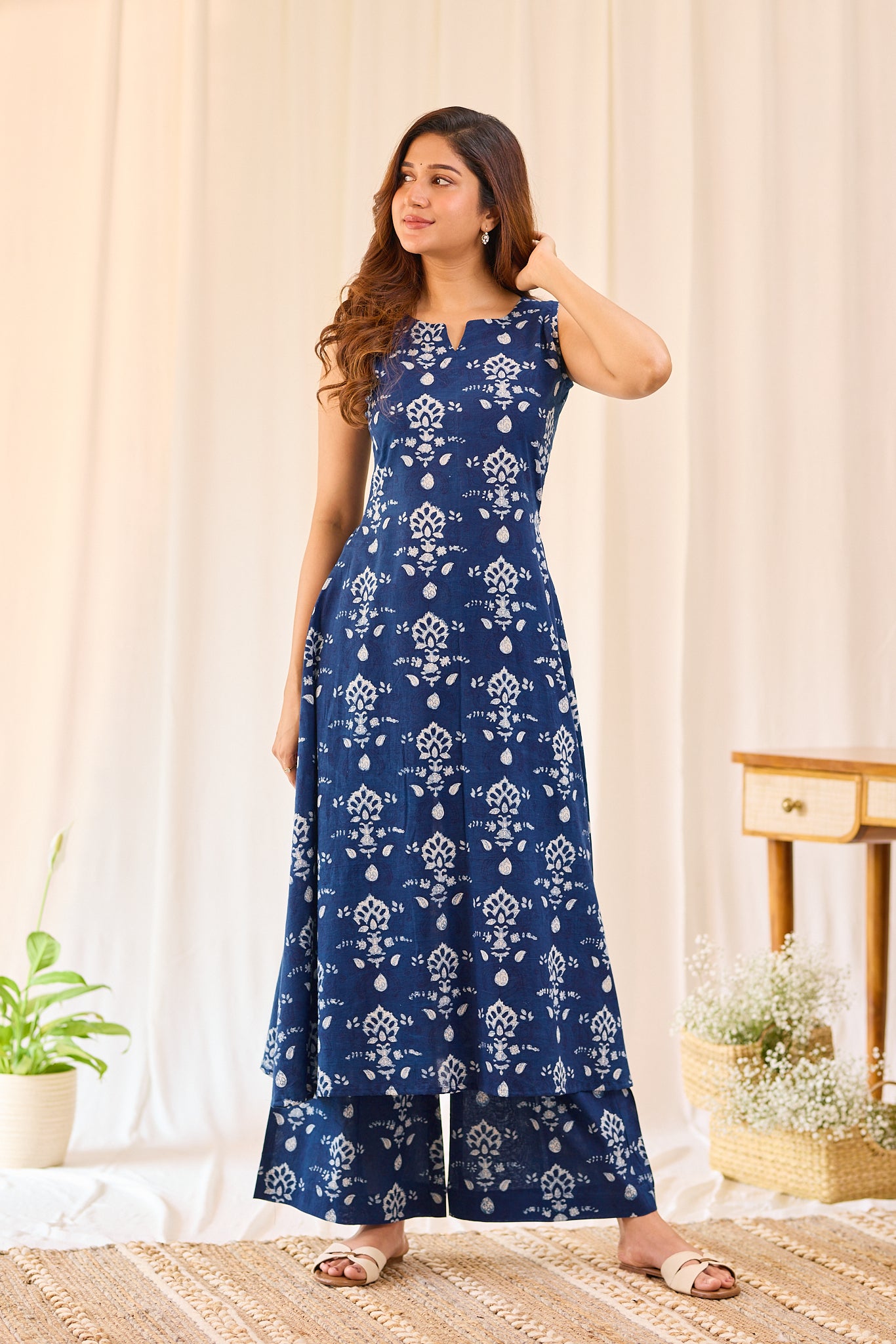 Deep Indigo Blue Floral  Hand-block Printed Sleevless Co-ord Set