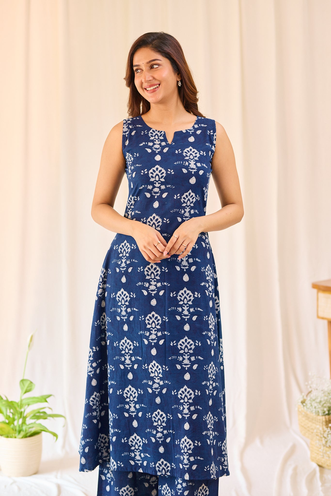 Deep Indigo Blue Floral  Hand-block Printed Sleevless Co-ord Set