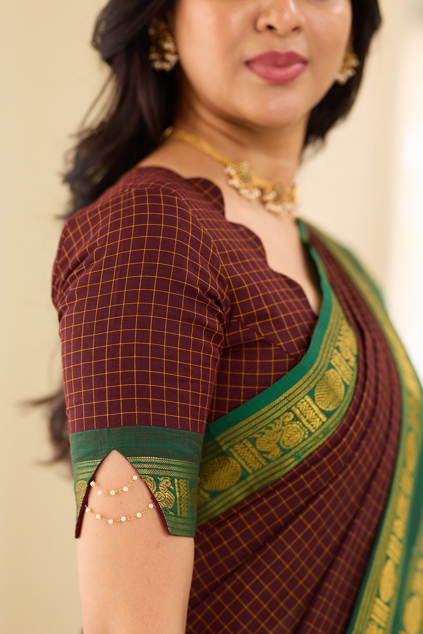 Deep Coffee Brown Checked Chettinad Cotton Saree