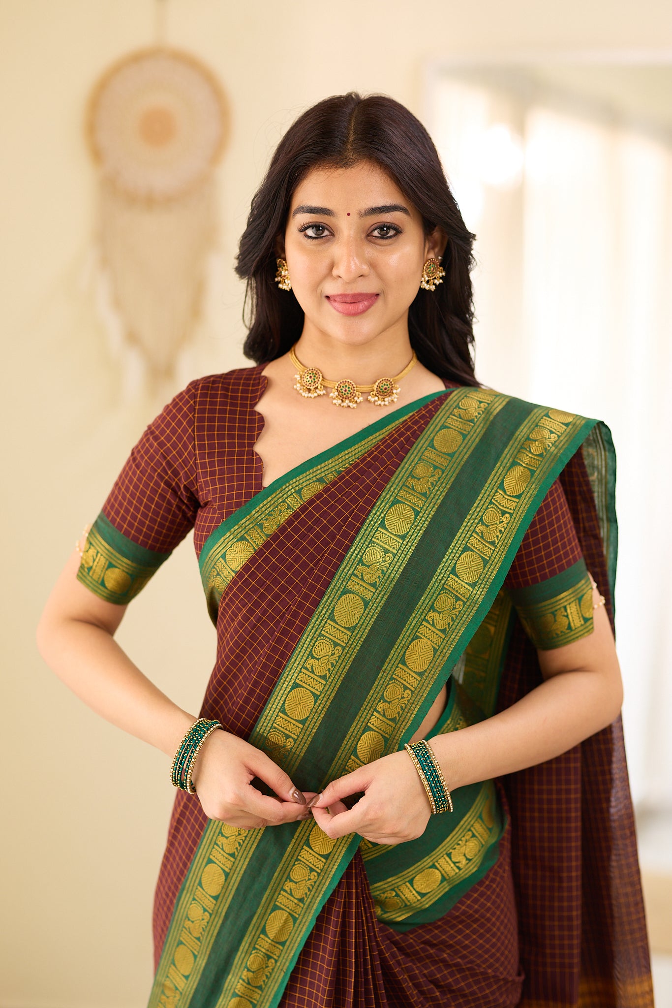 Deep Coffee Brown Checked Chettinad Cotton Saree
