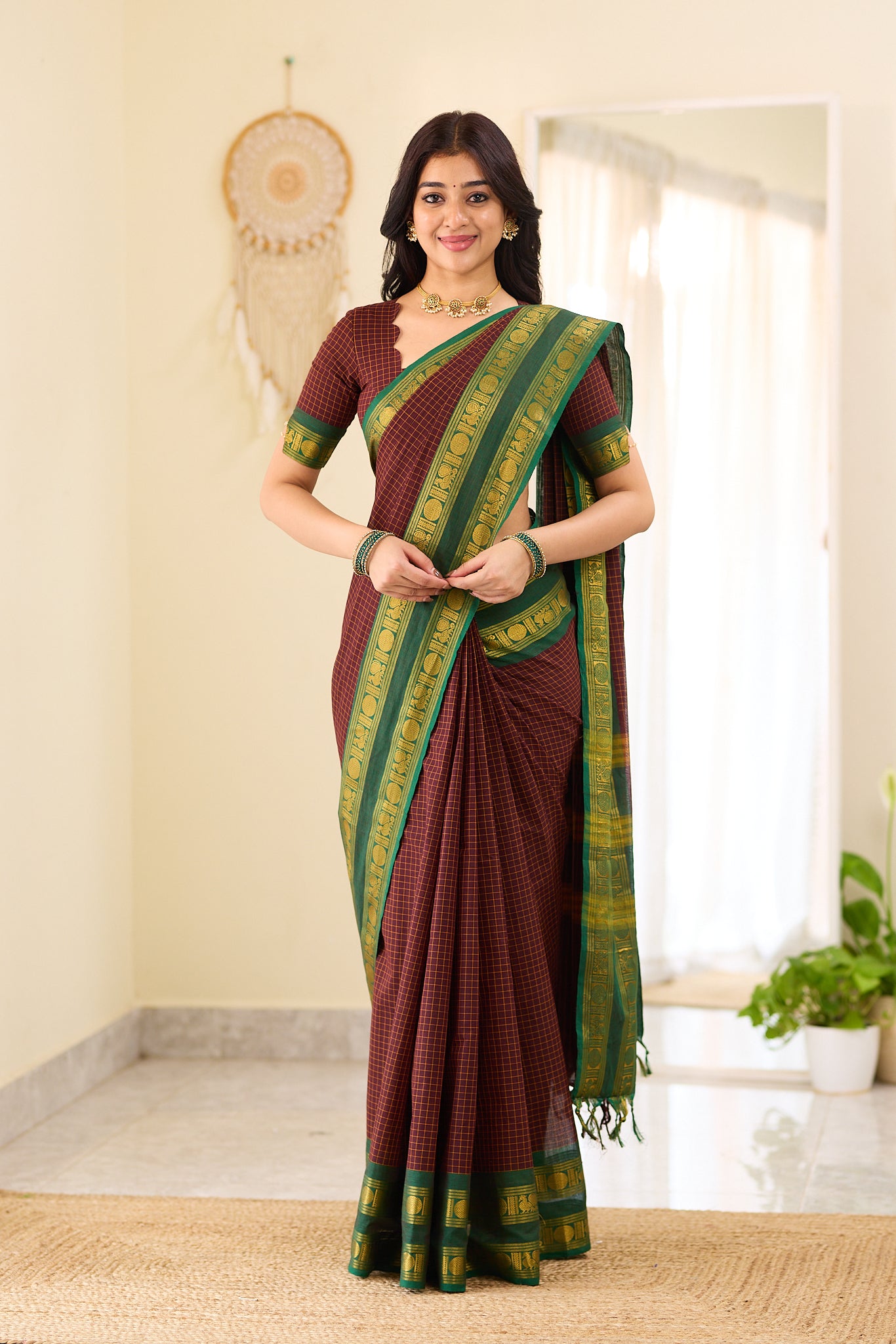 Deep Coffee Brown Checked Chettinad Cotton Saree