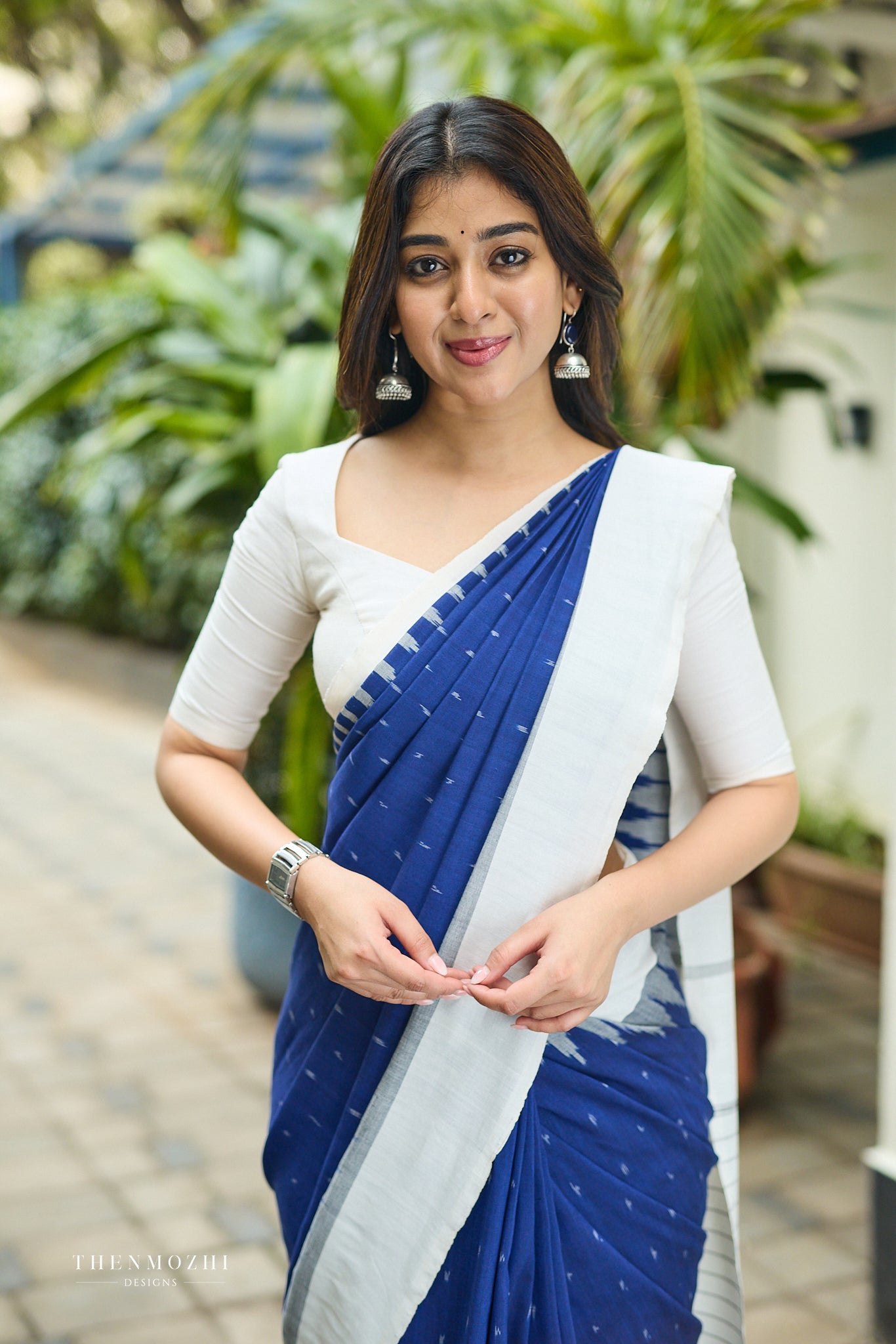 Deep Navy blue and Light Cream Ikkat Cotton Saree