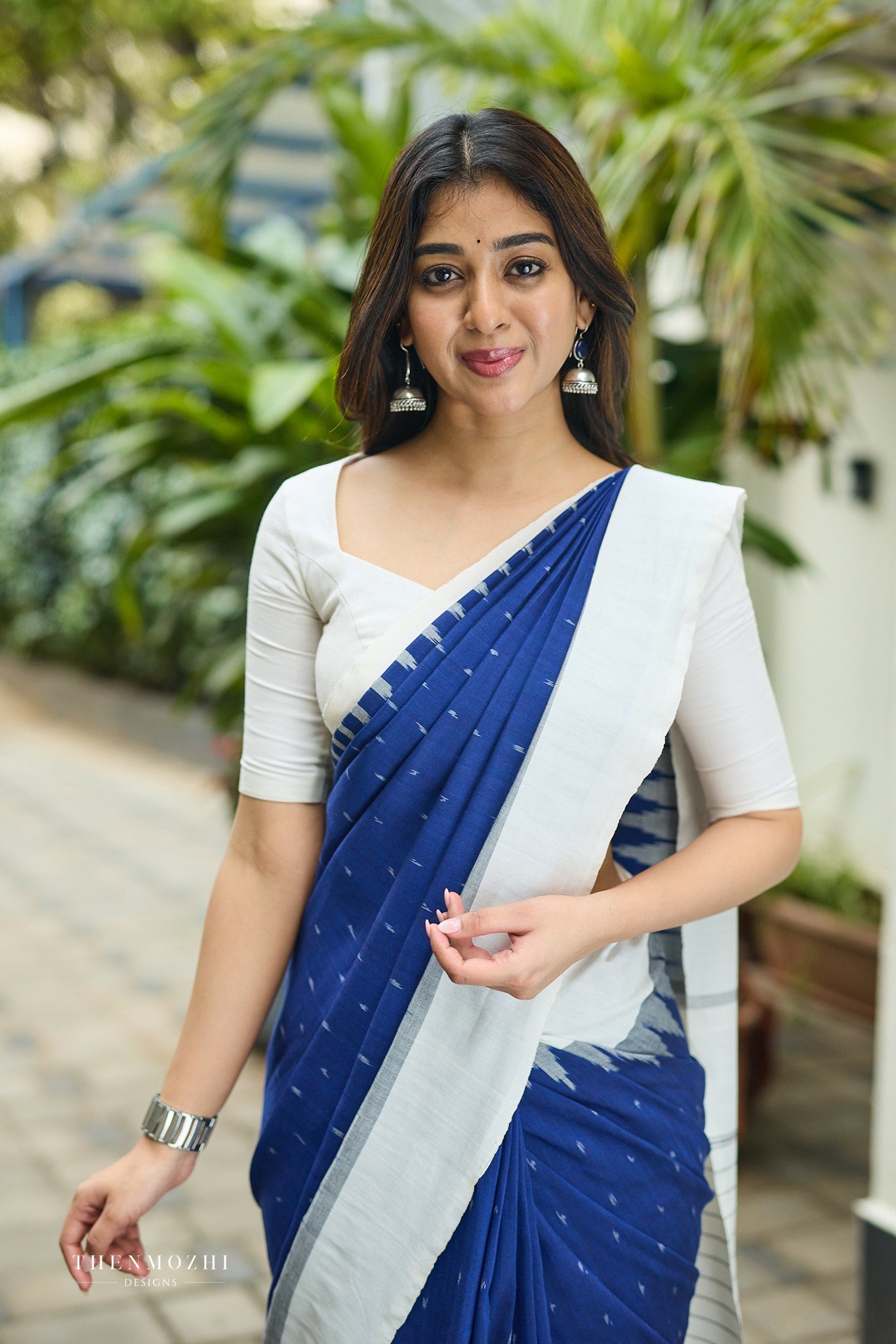 Deep Navy blue and Light Cream Ikkat Cotton Saree