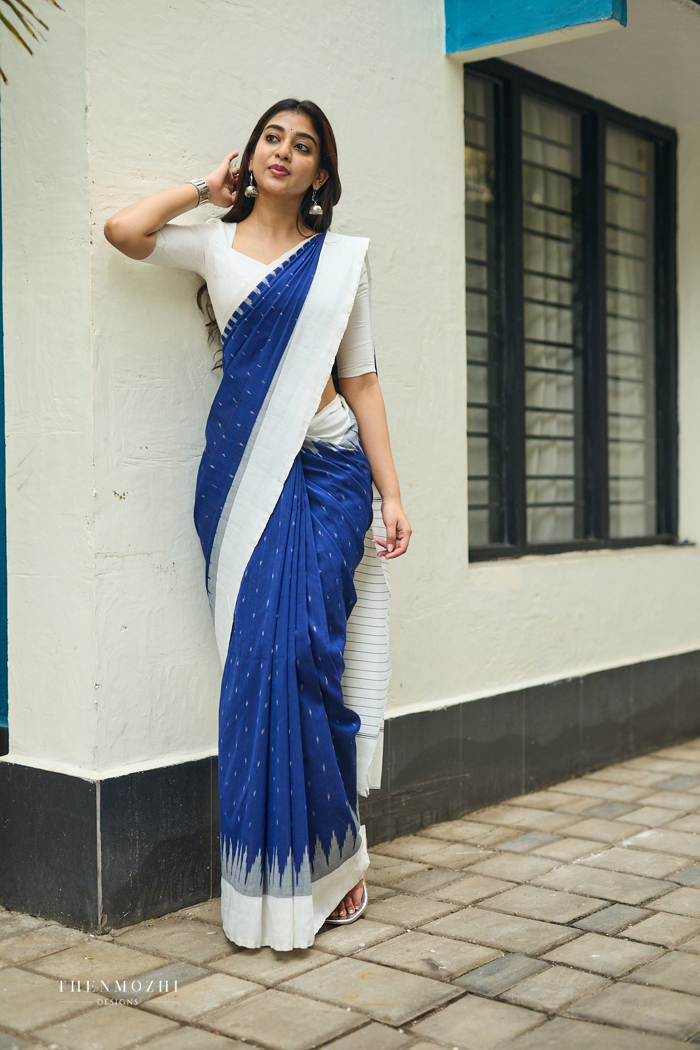 Deep Navy blue and Light Cream Ikkat Cotton Saree