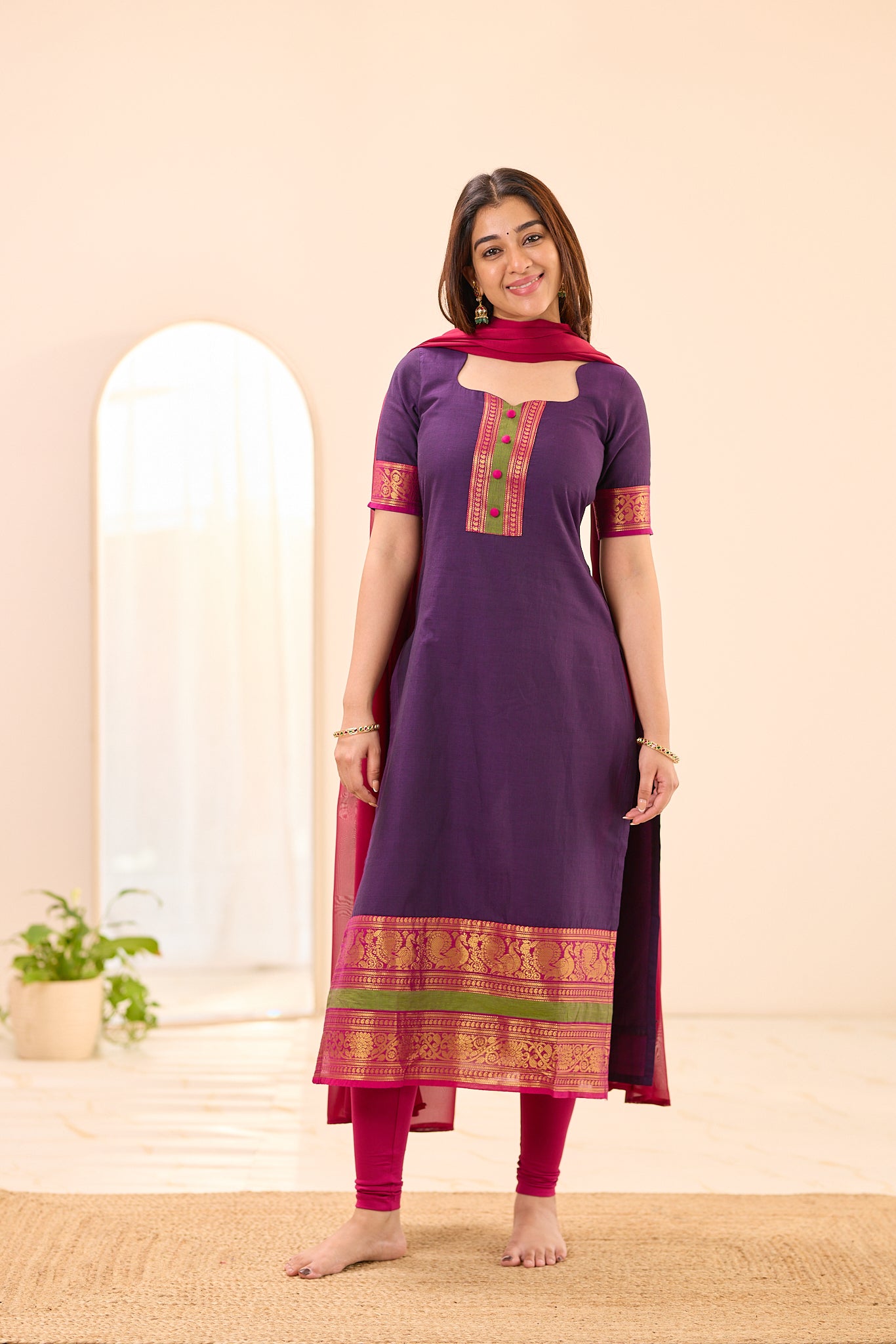 Deep Purple with Pink Zari Chettinad Cotton Top and Dupatta