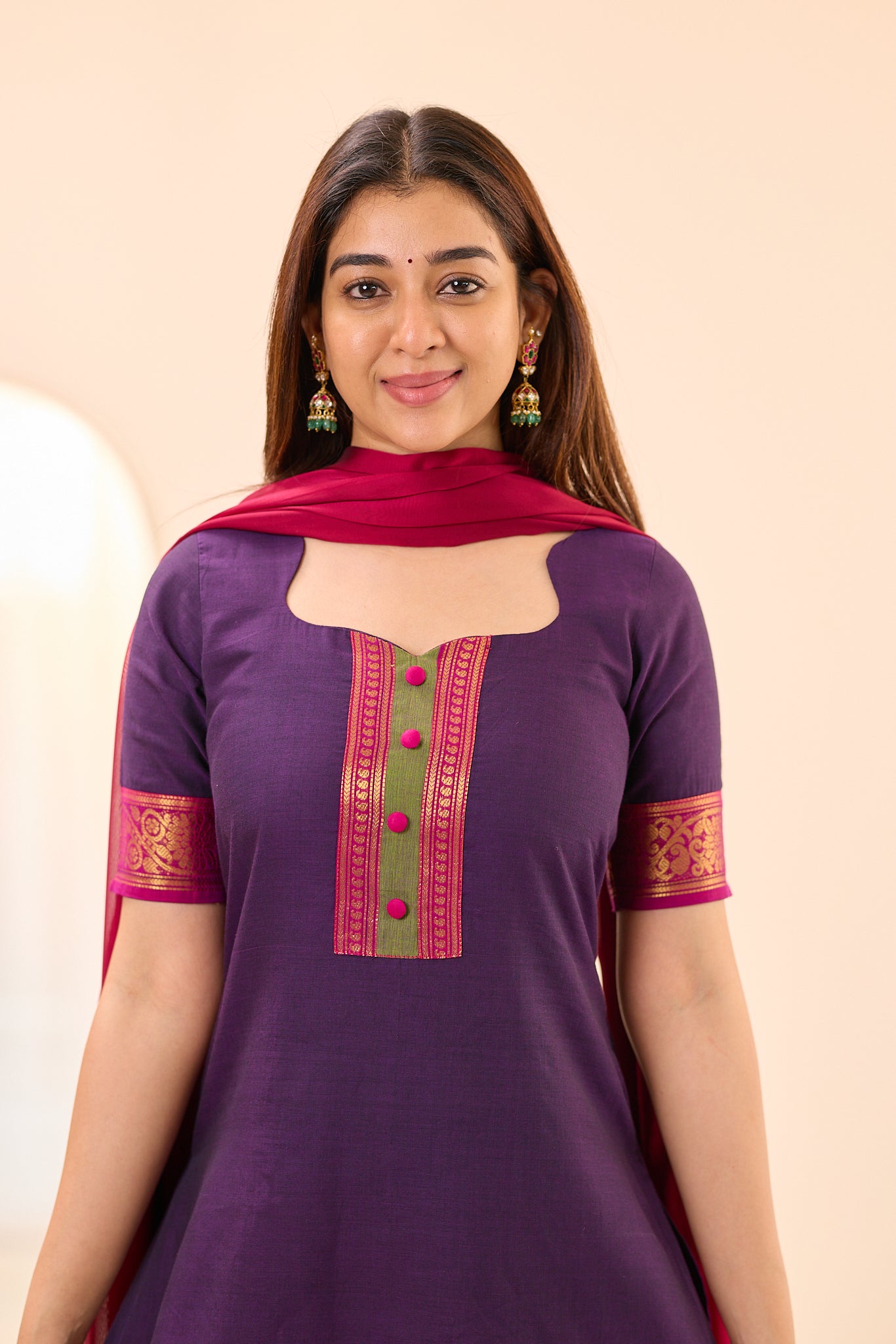 Deep Purple with Pink Zari Chettinad Cotton Top and Dupatta