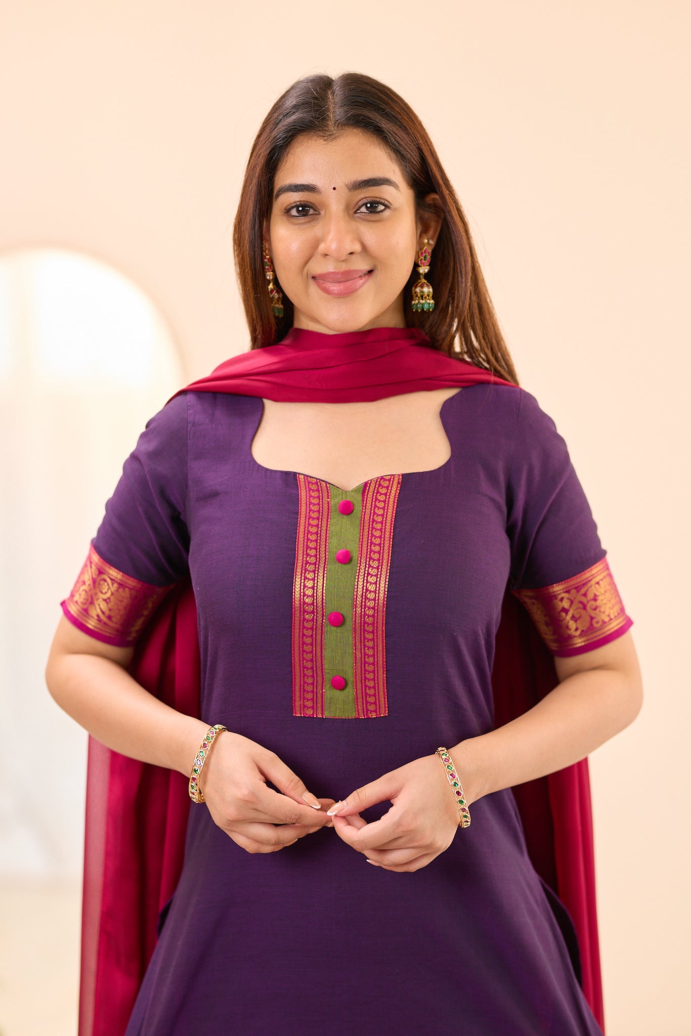 Deep Purple with Pink Zari Chettinad Cotton Top and Dupatta