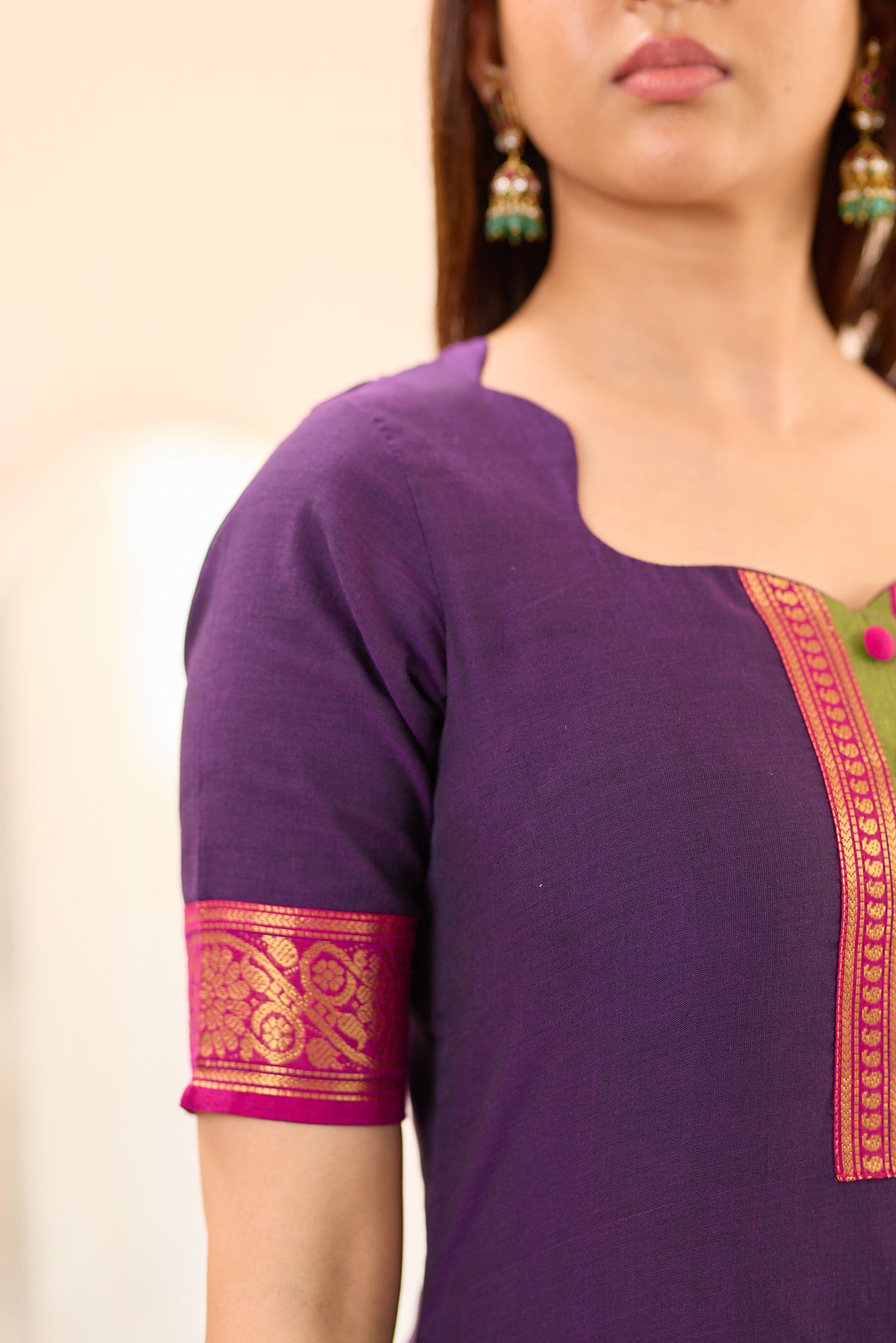 Deep Purple with Pink Zari Chettinad Cotton Top and Dupatta