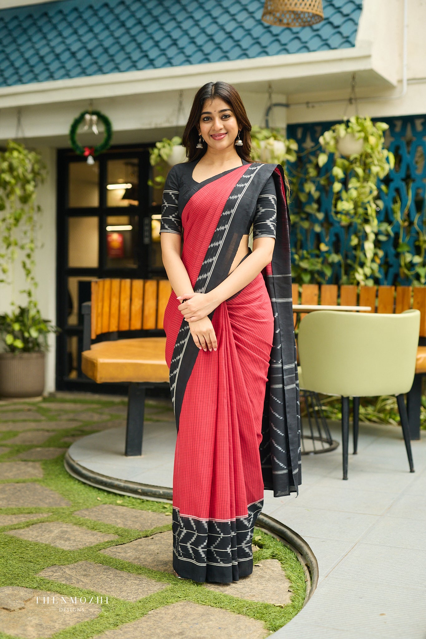 Deep Red & Midnight Black Ikat Cotton Saree