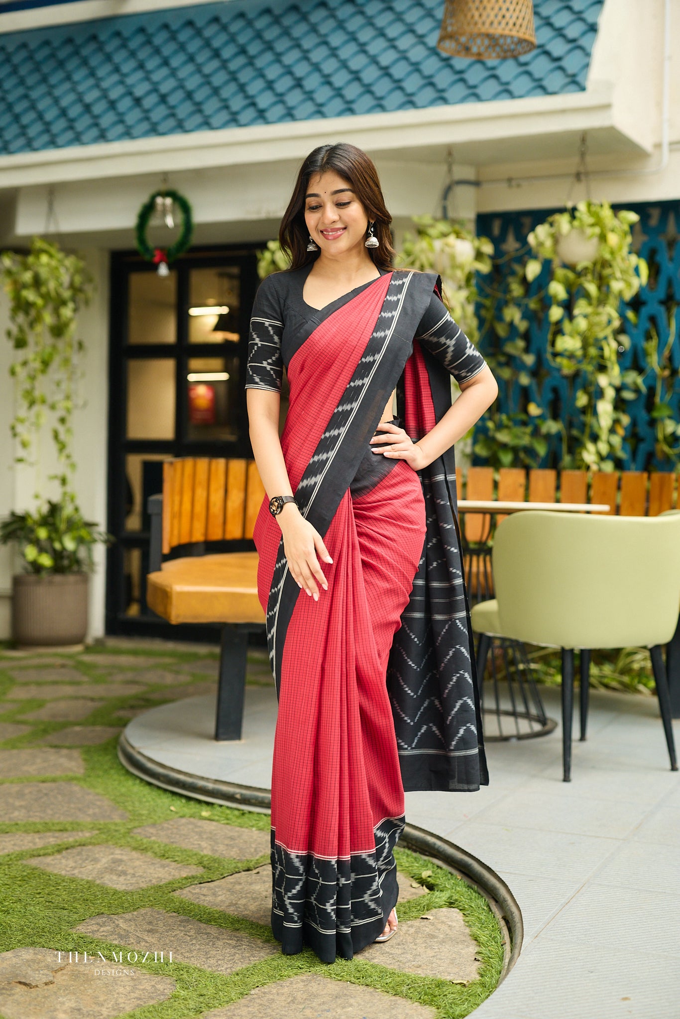Deep Red & Midnight Black Ikat Cotton Saree
