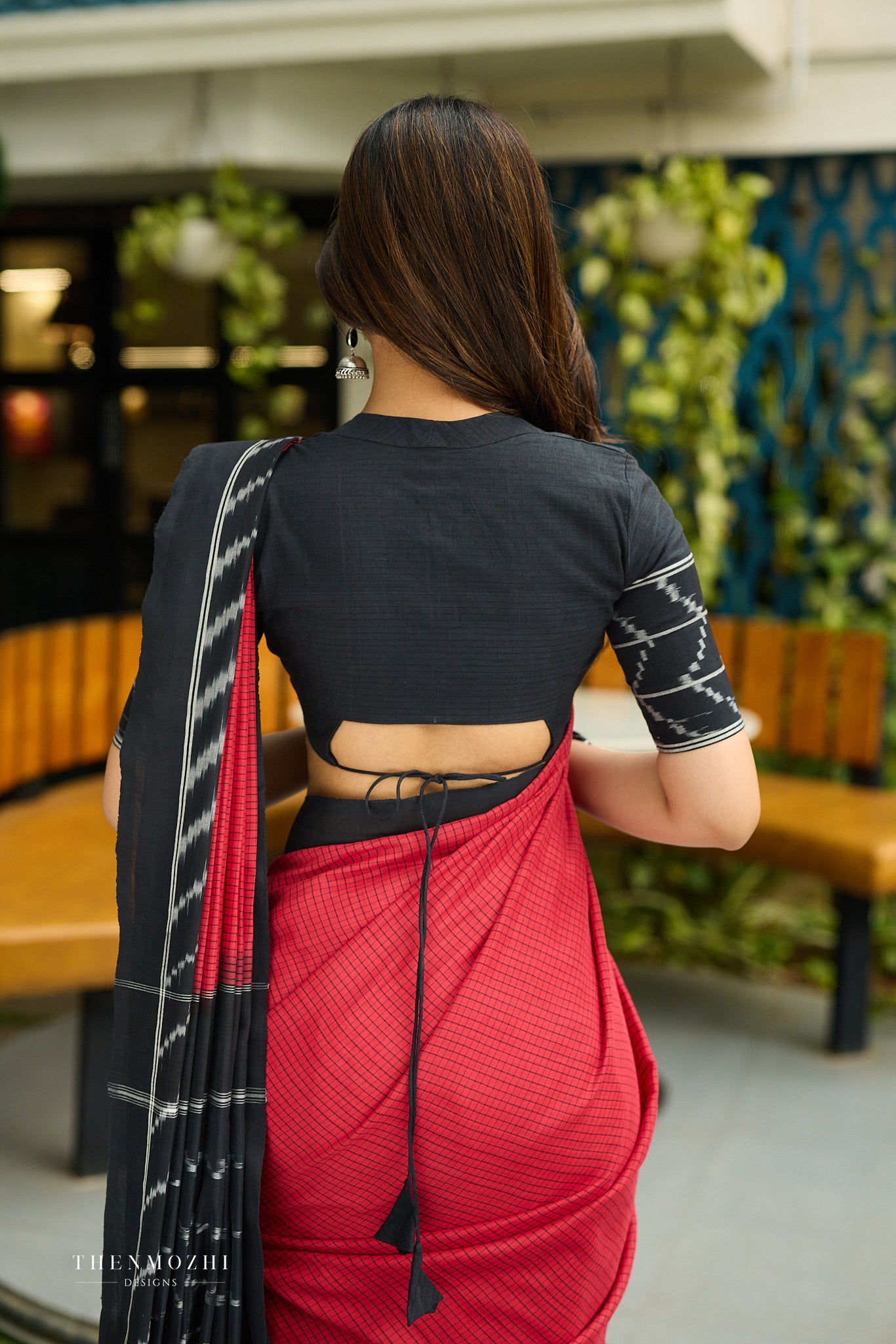 Deep Red & Midnight Black Ikat Cotton Saree