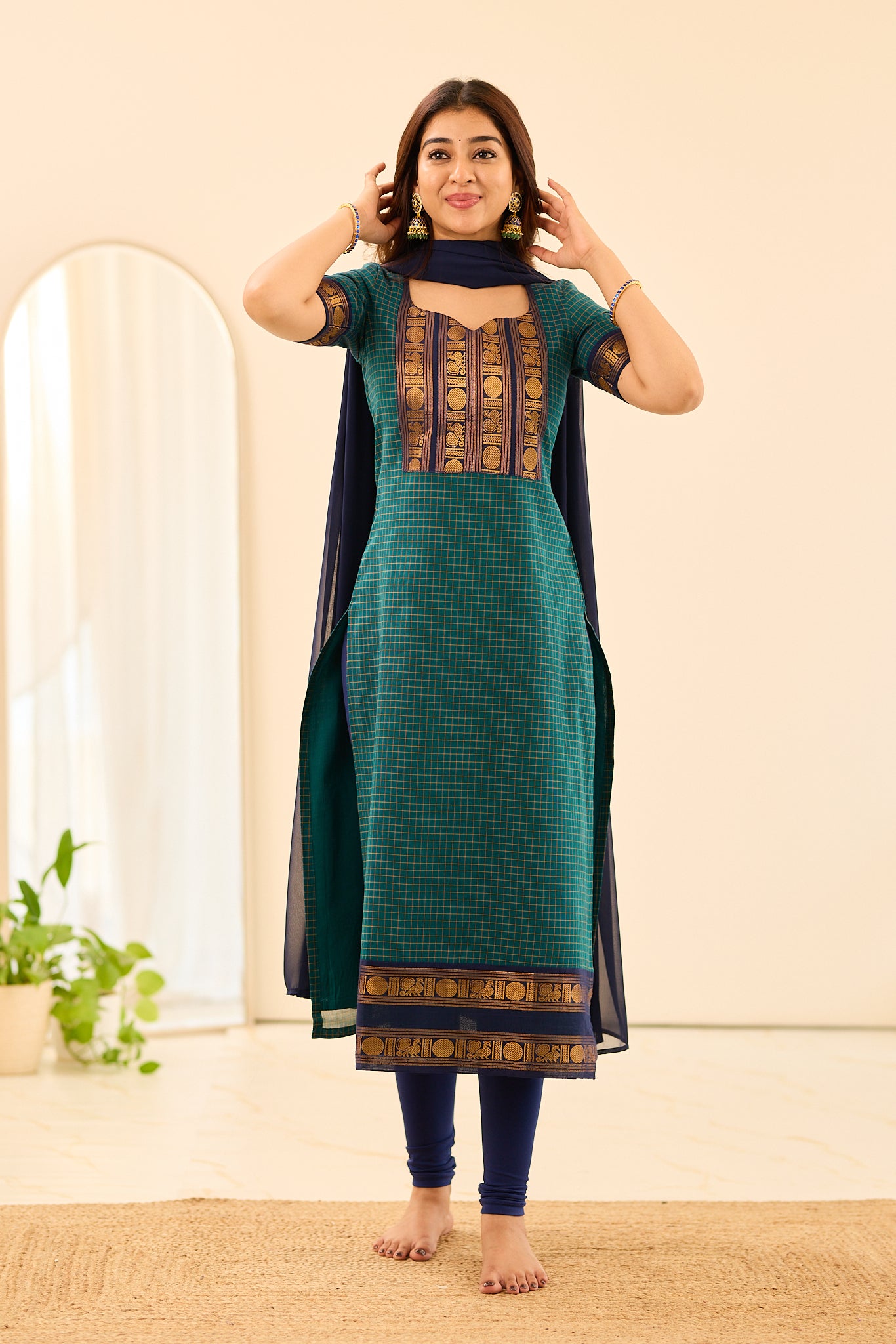 Deep Teal Green Checks Chettinad Cotton Salwar