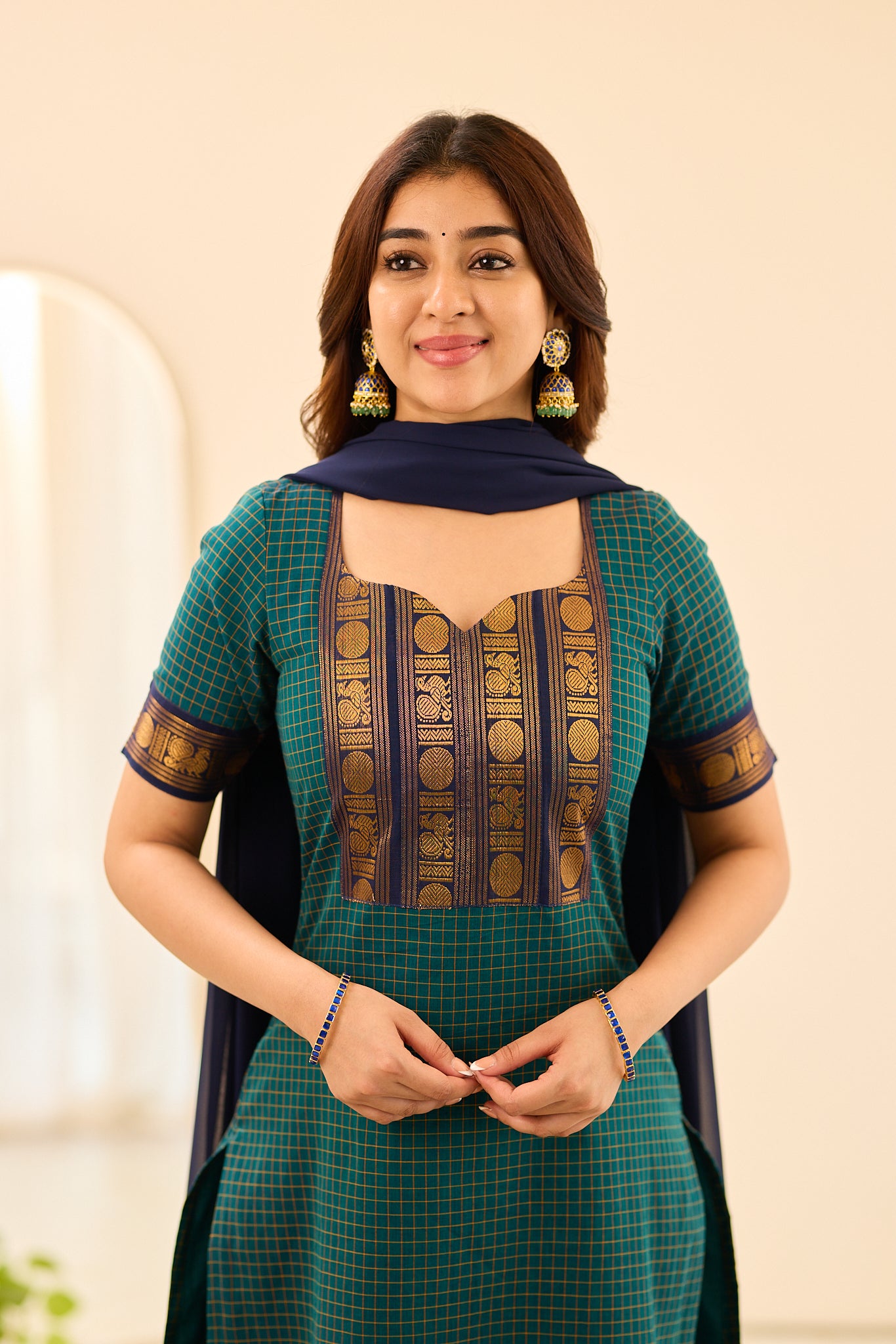 Deep Teal Green Checks Chettinad Cotton Salwar