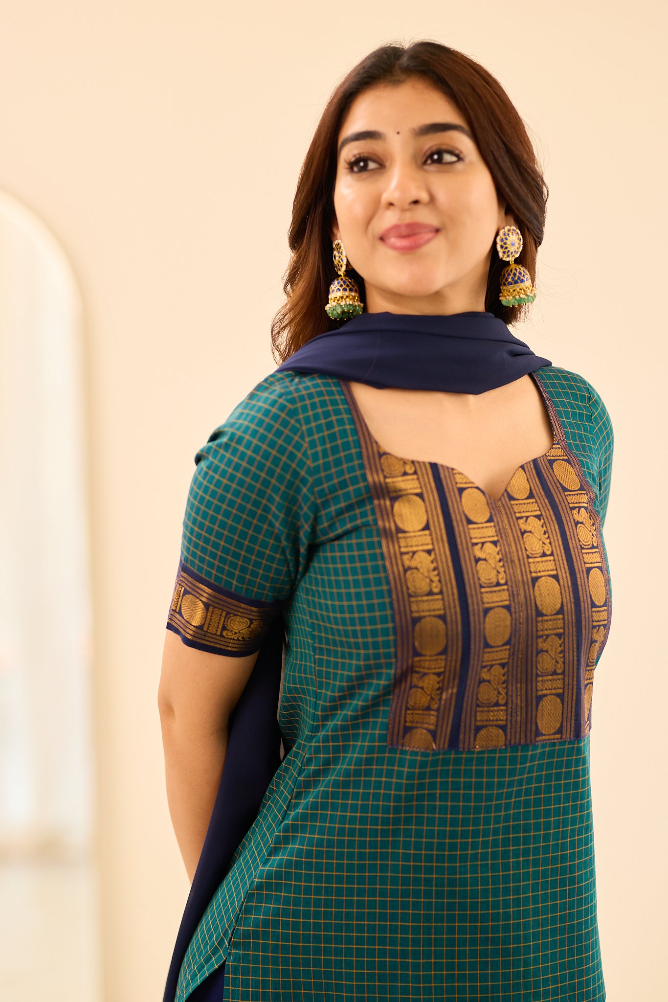 Deep Teal Green Checks Chettinad Cotton Salwar
