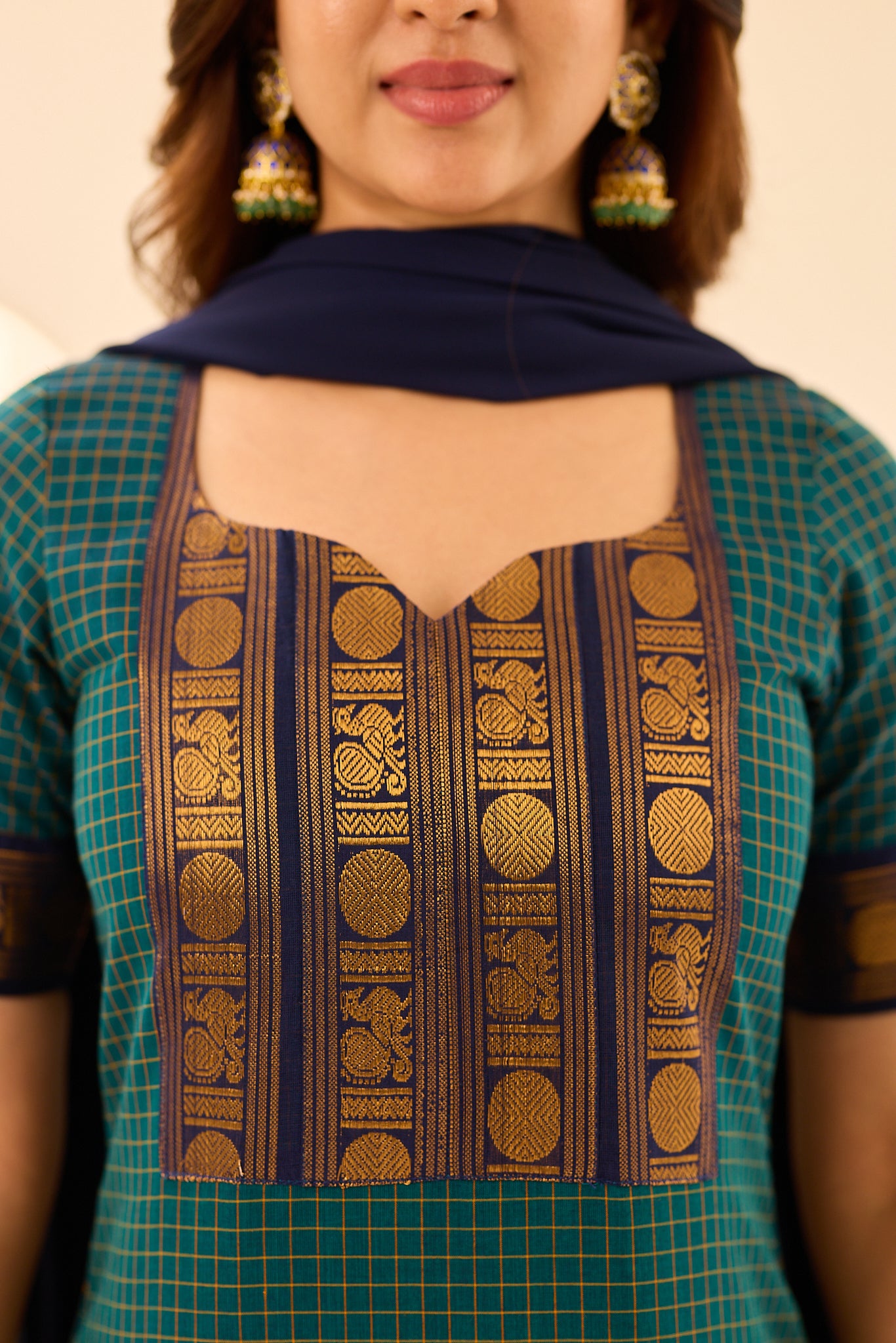 Deep Teal Green Checks Chettinad Cotton Salwar